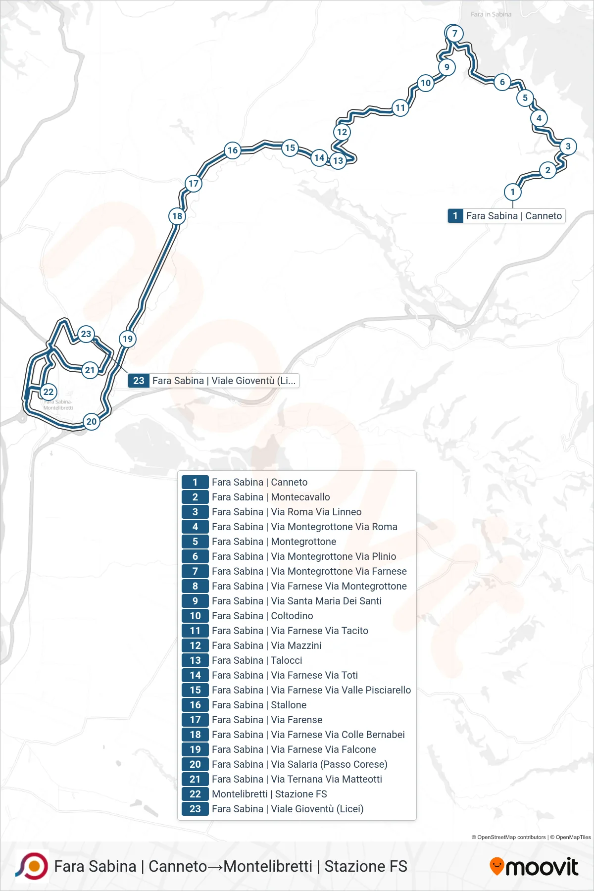 Linea COTRAL bus (Fara Sabina | Canneto→Montelibretti | Stazione FS) - Percorsi e fermate sulla mappa