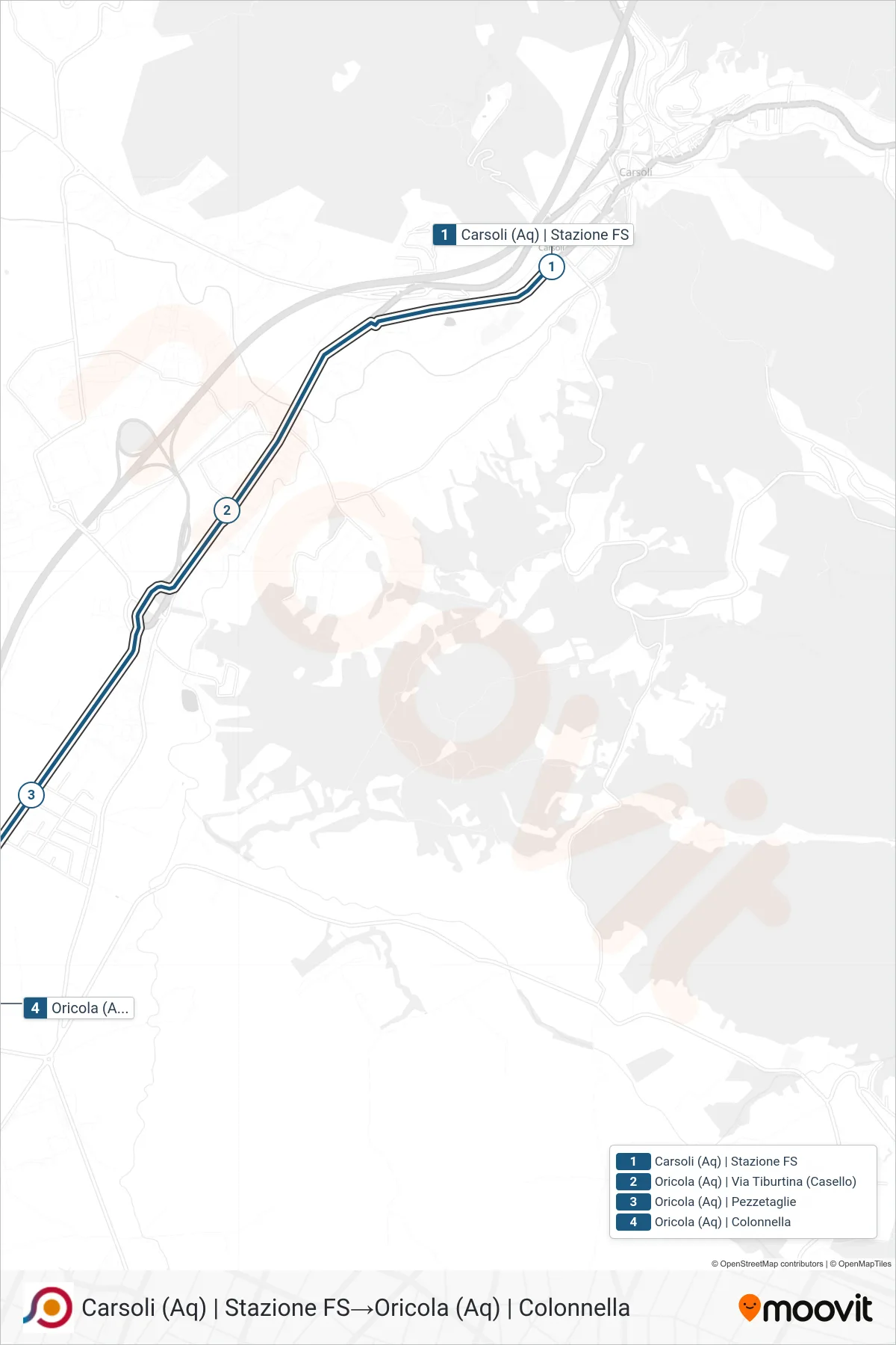 Linea COTRAL bus (Carsoli (Aq) | Stazione FS→Oricola (Aq) | Colonnella) - Percorsi e fermate sulla mappa
