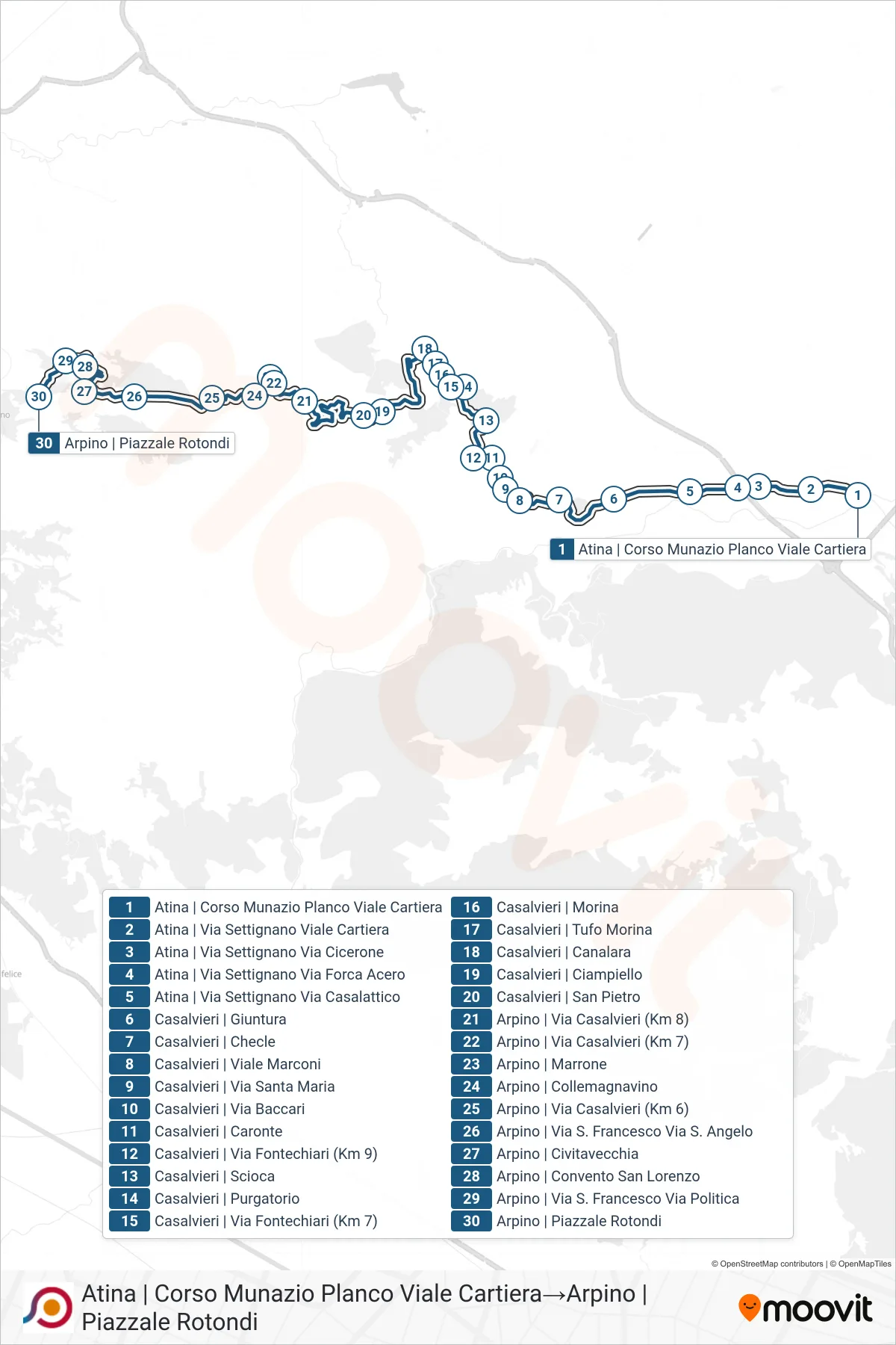 Linea COTRAL bus (Atina | Corso Munazio Planco Viale Cartiera→Arpino | Piazzale Rotondi) - Percorsi e fermate sulla mappa