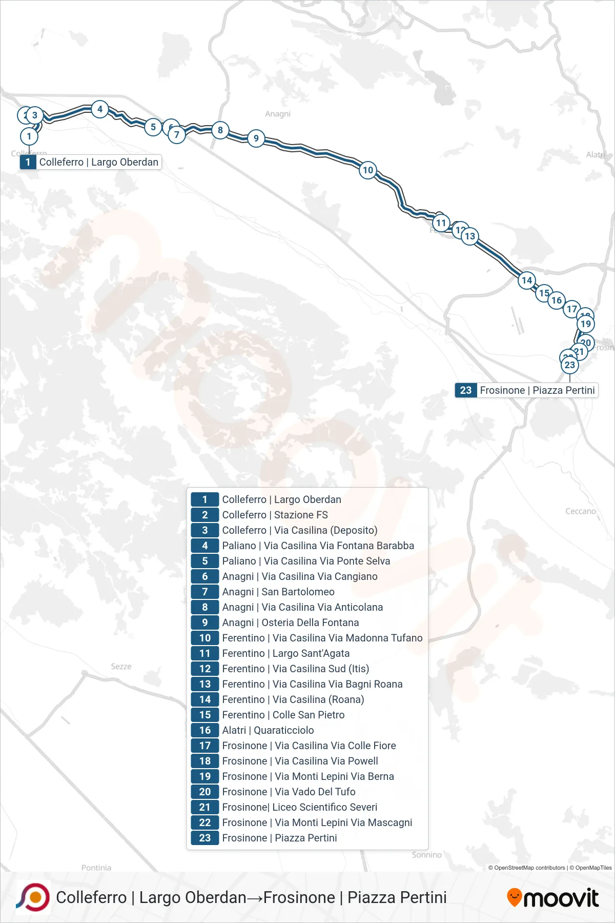 Linea COTRAL bus (Colleferro | Largo Oberdan→Frosinone | Piazza Pertini) - Percorsi e fermate sulla mappa