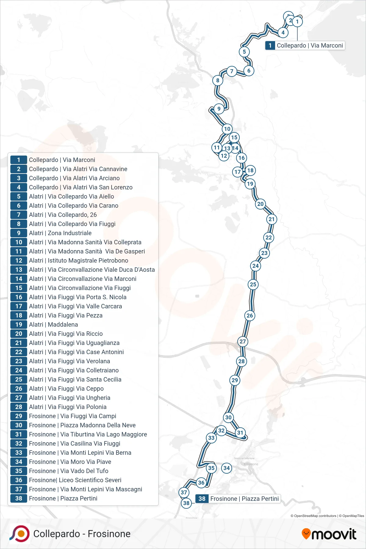 Linea COTRAL  bus (Collepardo | Via Marconi‎→Frosinone | Piazza Pertini) - Percorsi e fermate sulla mappa