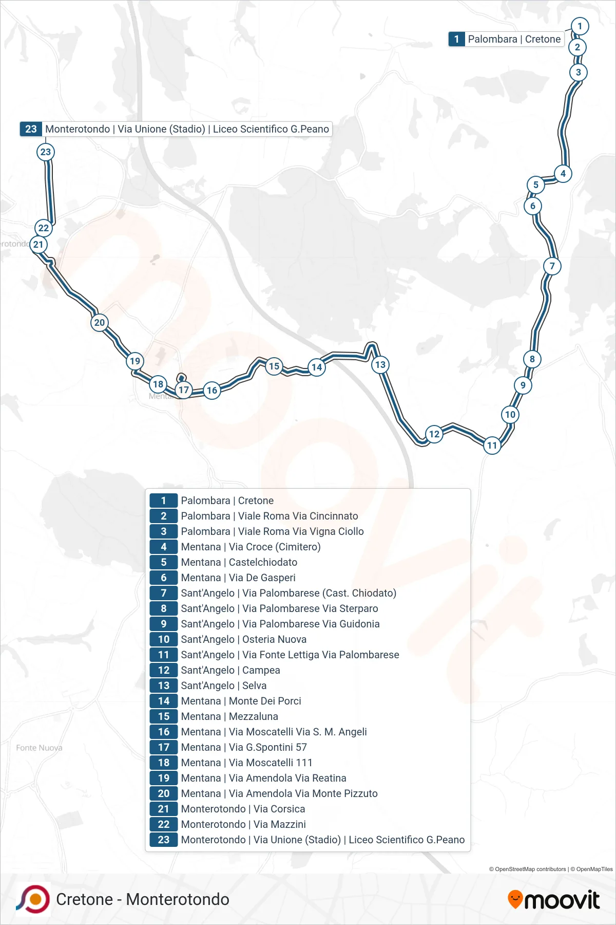 Linea COTRAL bus (Palombara | Cretone→Monterotondo | Via Unione (Stadio) | Liceo Scientifico G.Peano) - Percorsi e fermate sulla mappa