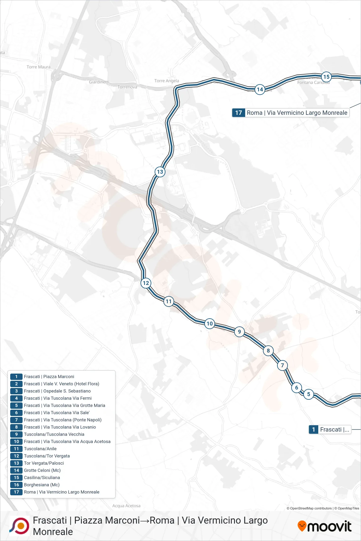 Linea COTRAL bus (Frascati | Piazza Marconi→Roma | Via Vermicino Largo Monreale) - Percorsi e fermate sulla mappa