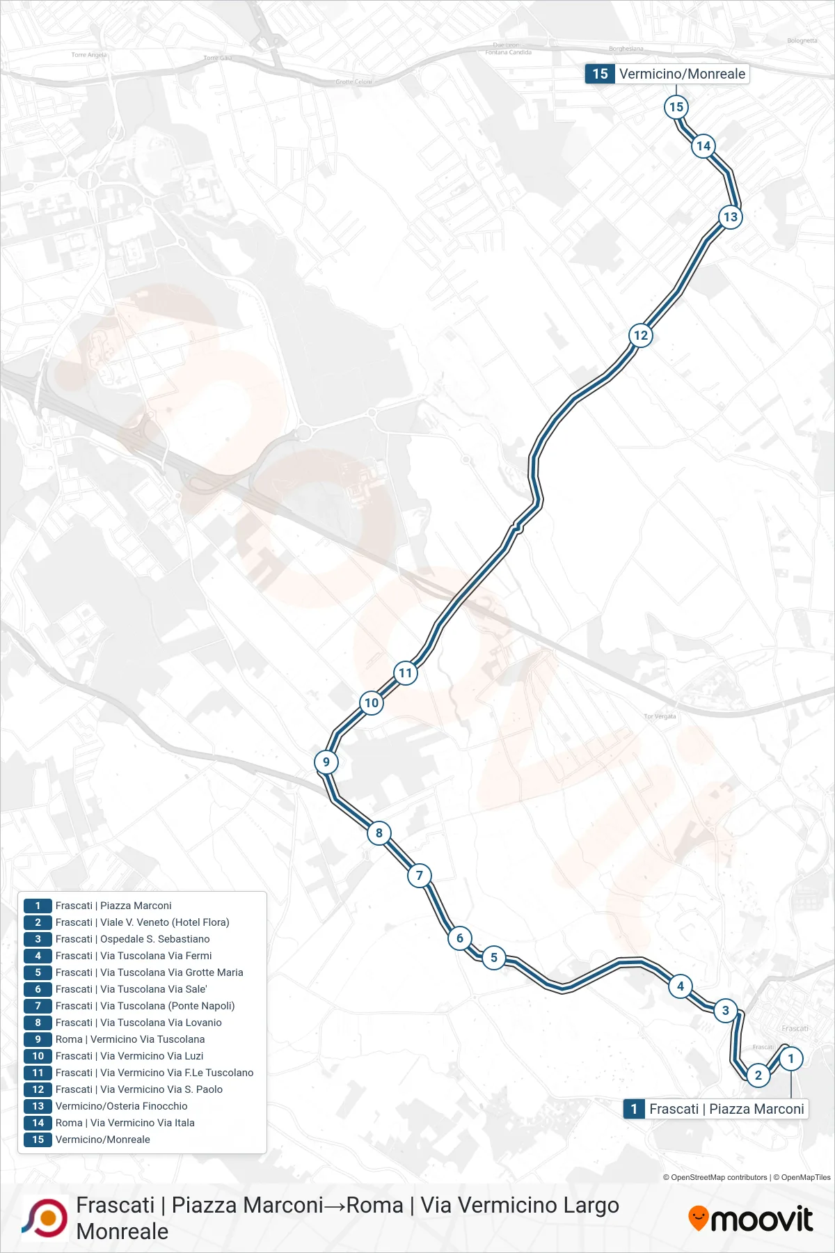 COTRAL bus Line (Frascati via Piazza Marconi→Rome | Via Vermicino Monreale Square) route and stops on a map
