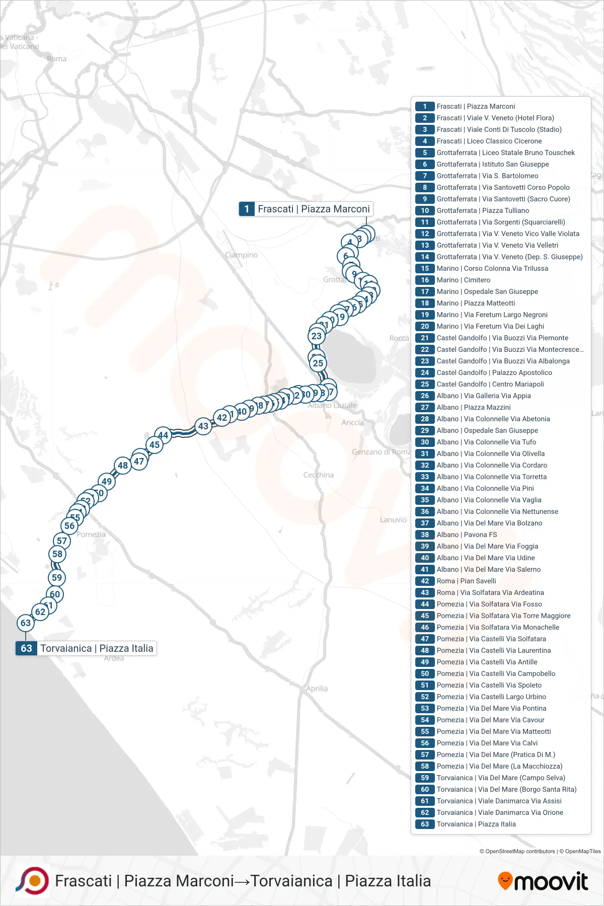 COTRAL bus Line (Frascati via Piazza Marconi‎→Torvaianica Piazza Italia) route and stops on a map