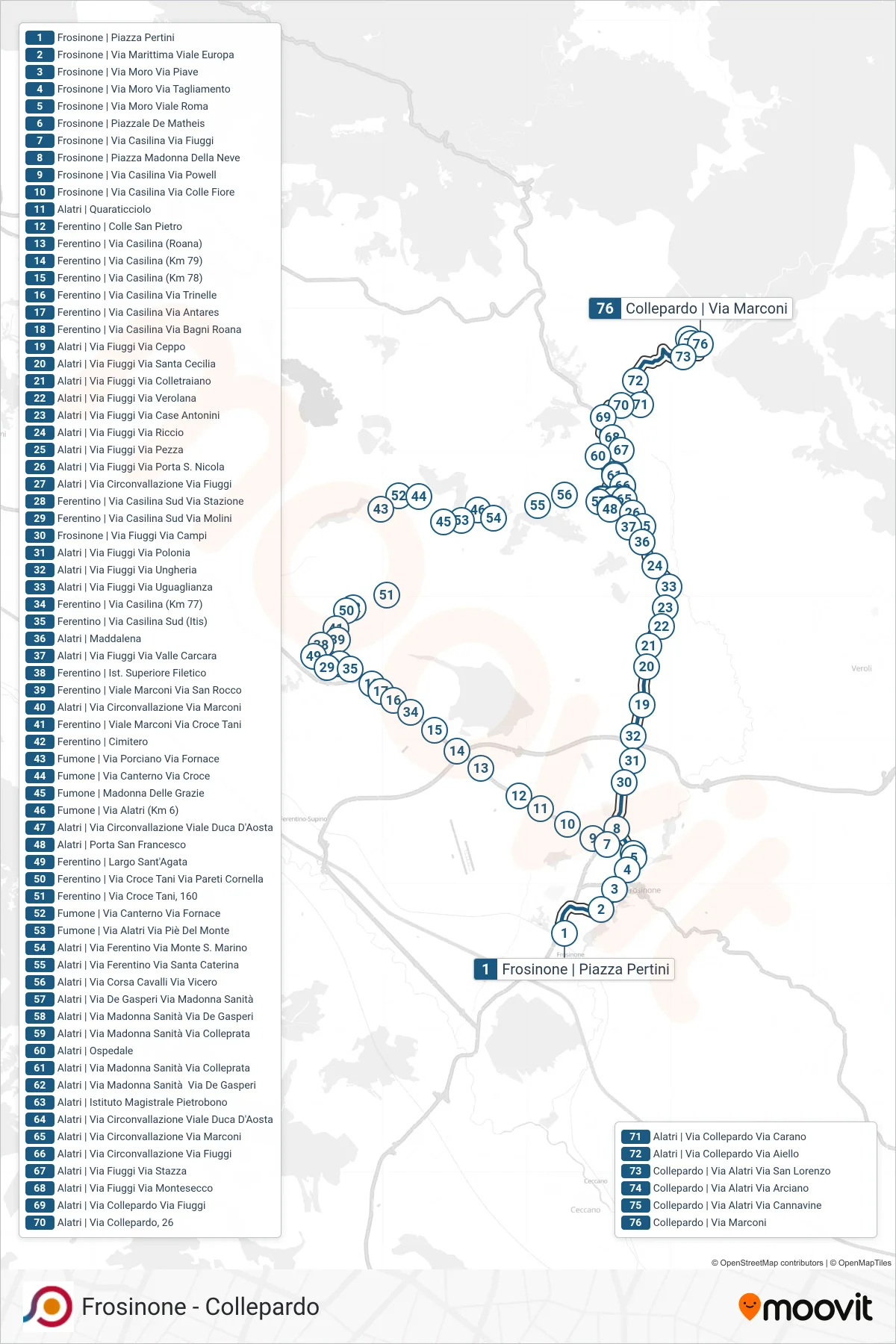 Linea COTRAL bus (Frosinone | Piazza Pertini→Collepardo | Via Marconi) - Percorsi e fermate sulla mappa