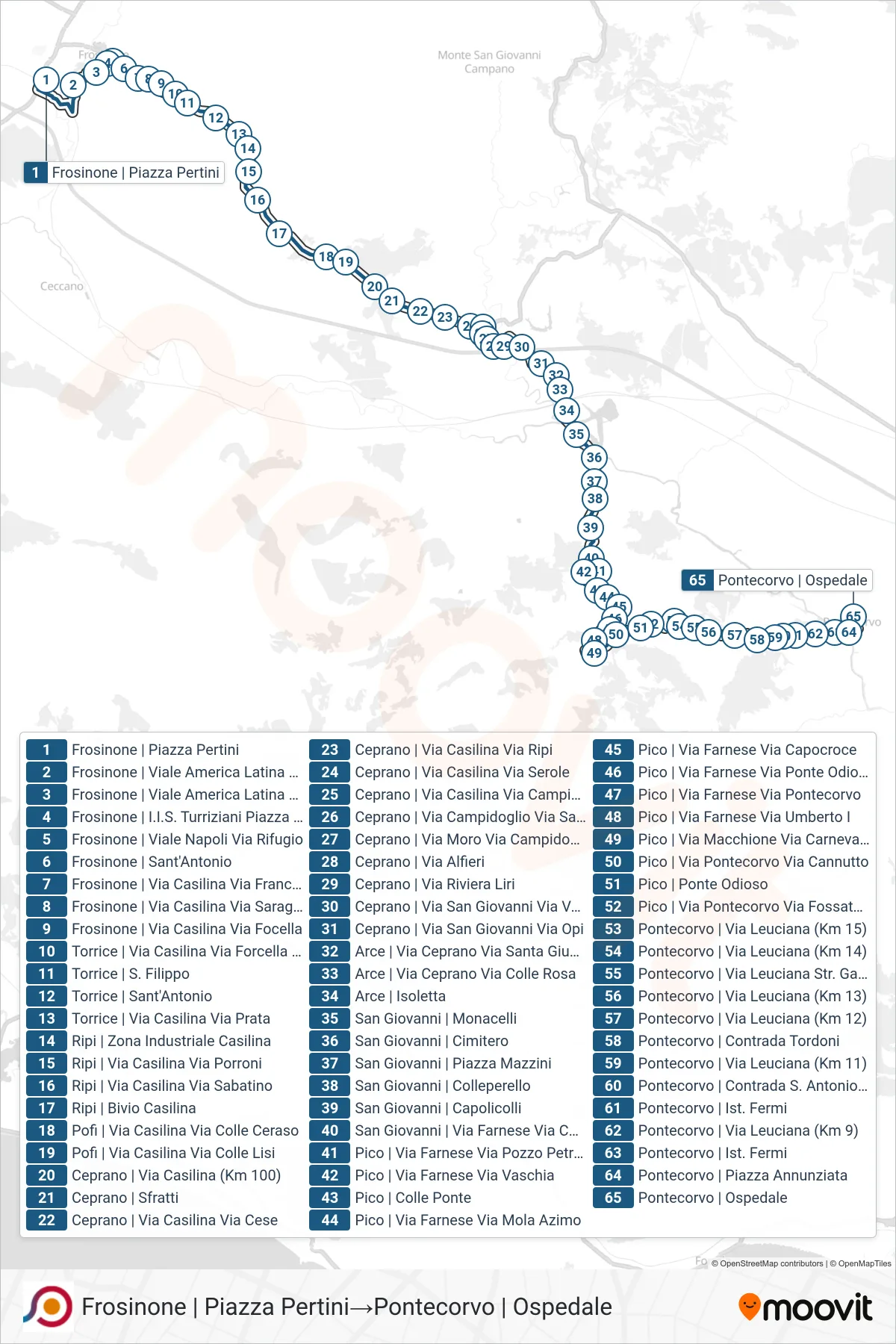 Linea COTRAL bus (Frosinone | Piazza Pertini→Pontecorvo | Ospedale) - Percorsi e fermate sulla mappa