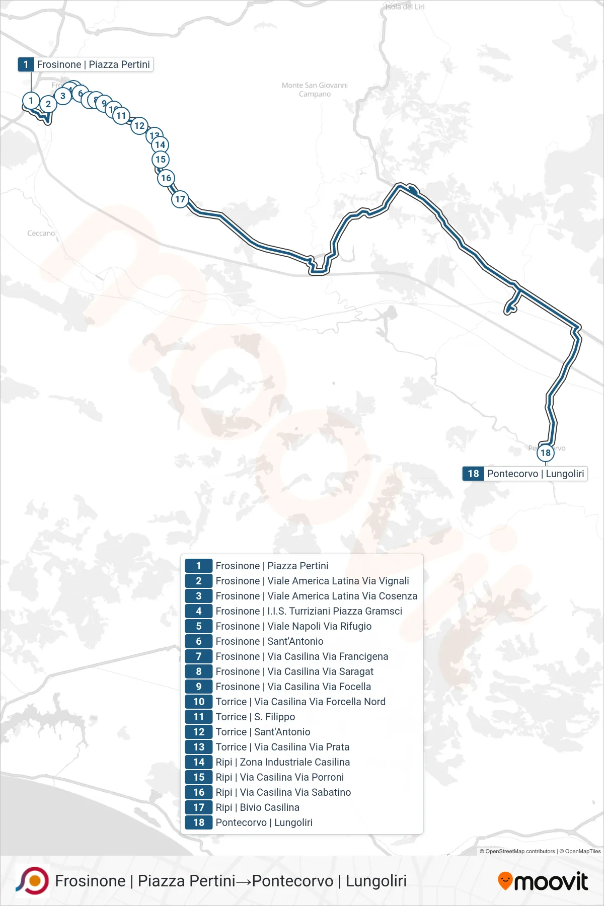 Linea COTRAL bus (Frosinone | Piazza Pertini→Pontecorvo | Lungoliri) - Percorsi e fermate sulla mappa