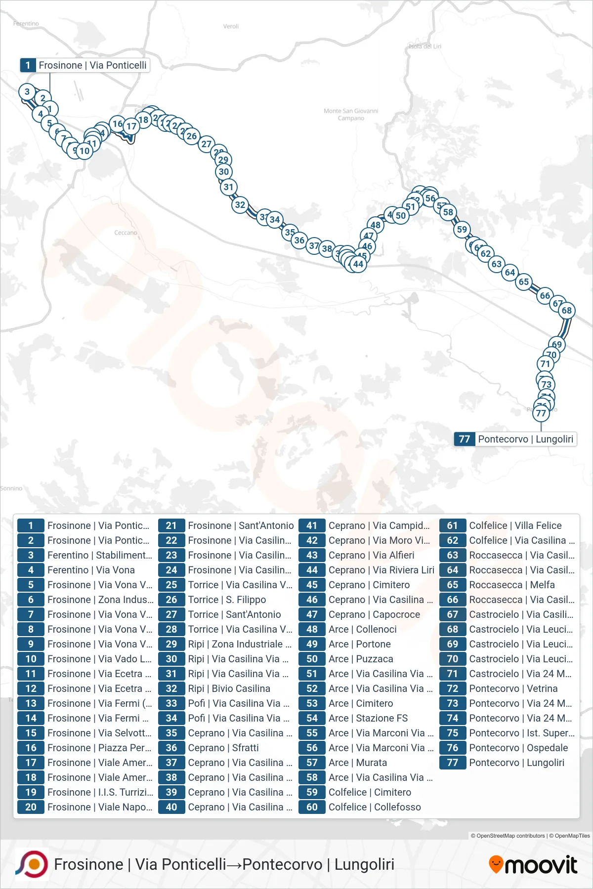 COTRAL bus Line (Frosinone | Via Ponticelli→Pontecorvo via Lungoliri) route and stops on a map