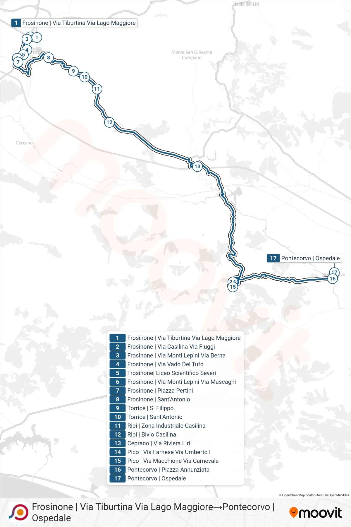 Linea COTRAL bus (Frosinone | Via Tiburtina Via Lago Maggiore→Pontecorvo | Ospedale) - Percorsi e fermate sulla mappa