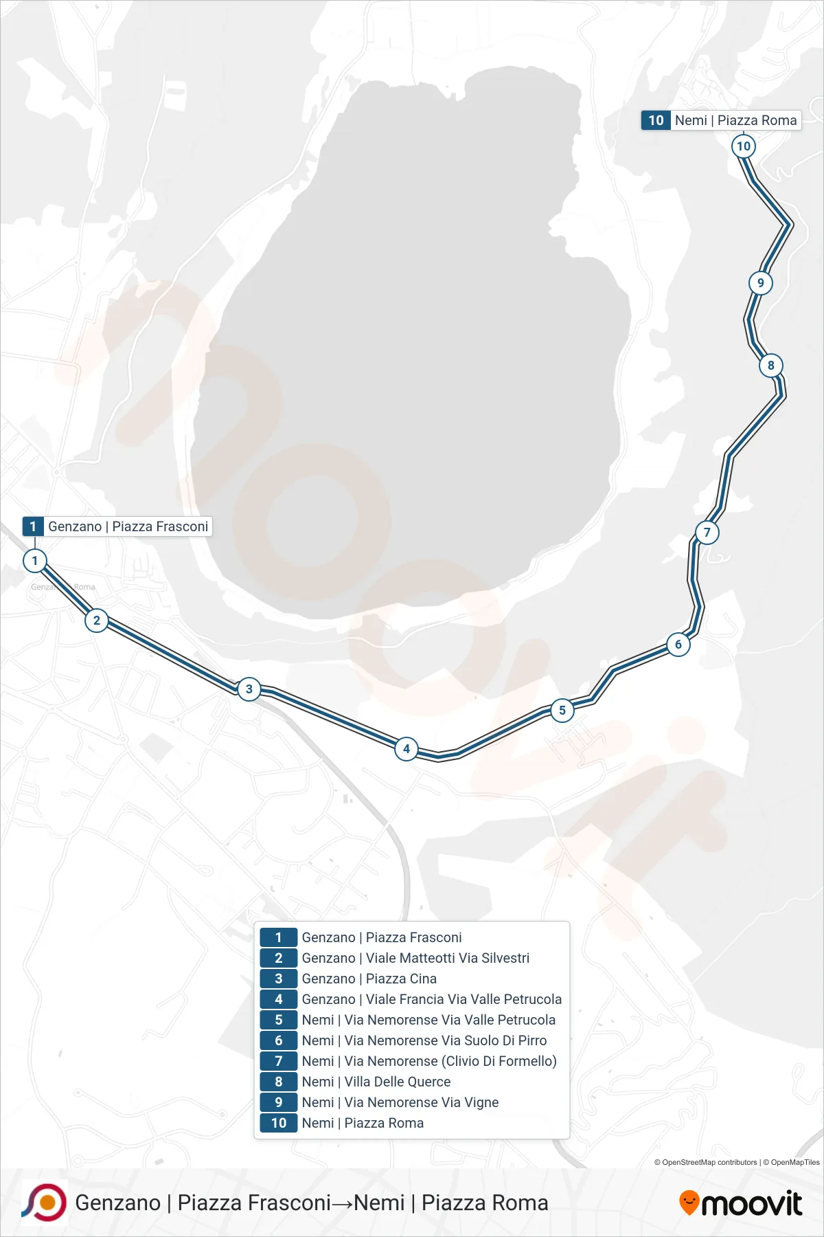 Linea COTRAL  bus (Genzano | Piazza Frasconi‎→Nemi | Piazza Roma) - Percorsi e fermate sulla mappa