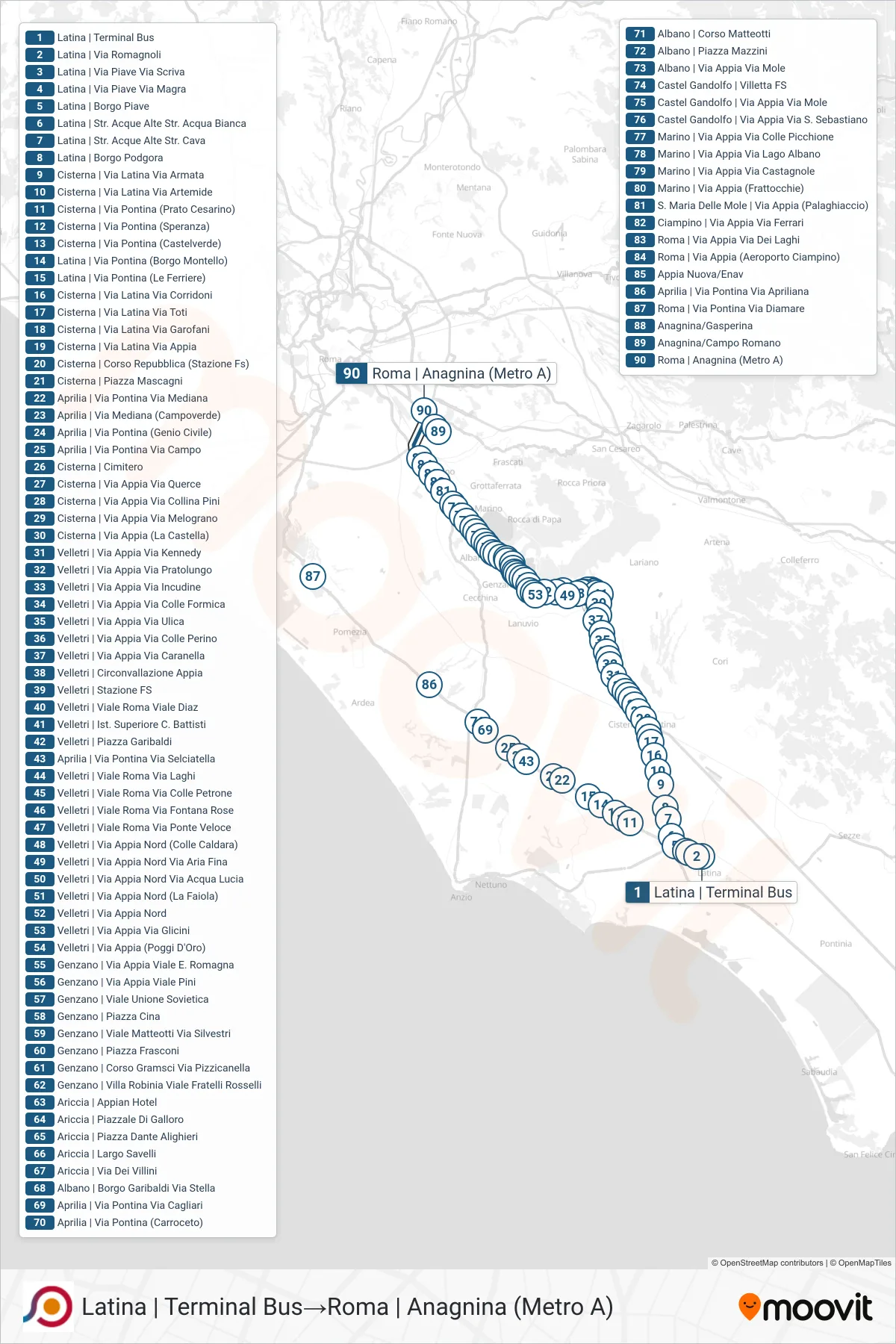 Linea COTRAL  bus (Latina | Terminal Bus‎→Roma | Anagnina (Metro A)) - Percorsi e fermate sulla mappa