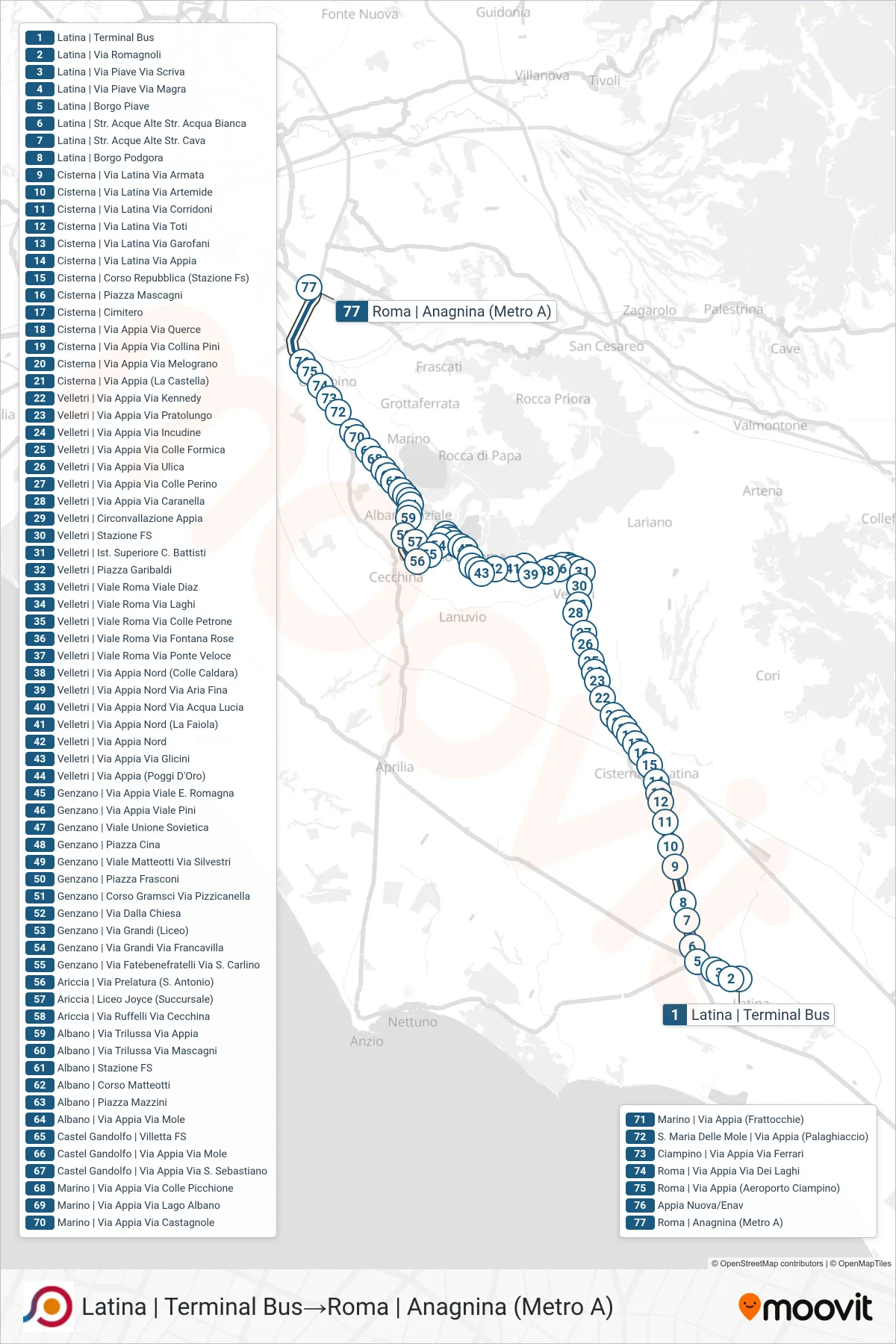 Linea COTRAL bus (Latina | Terminal Bus→Roma | Anagnina (Metro A)) - Percorsi e fermate sulla mappa