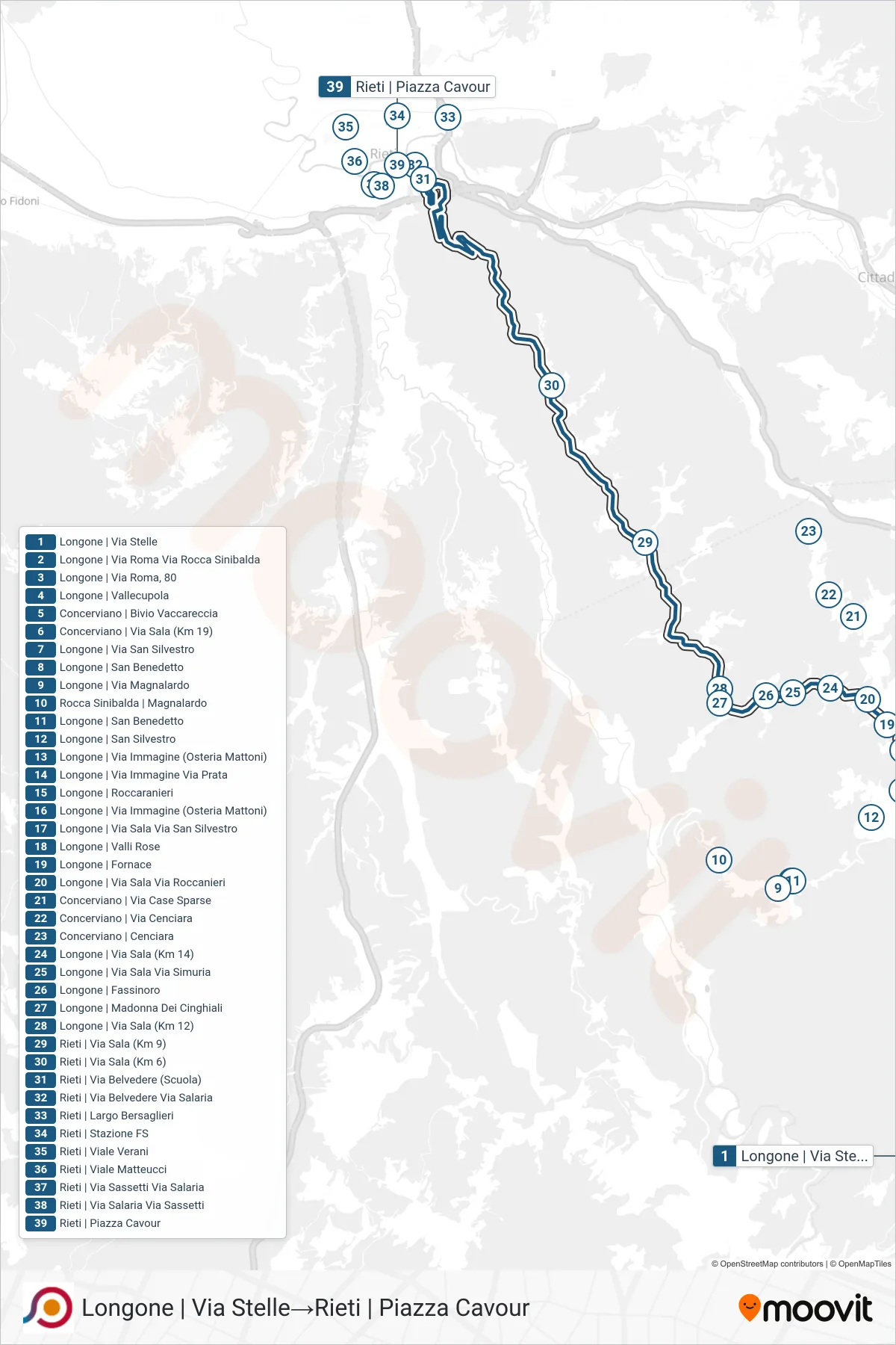 Linea COTRAL bus (Longone | Via Stelle→Rieti | Piazza Cavour) - Percorsi e fermate sulla mappa