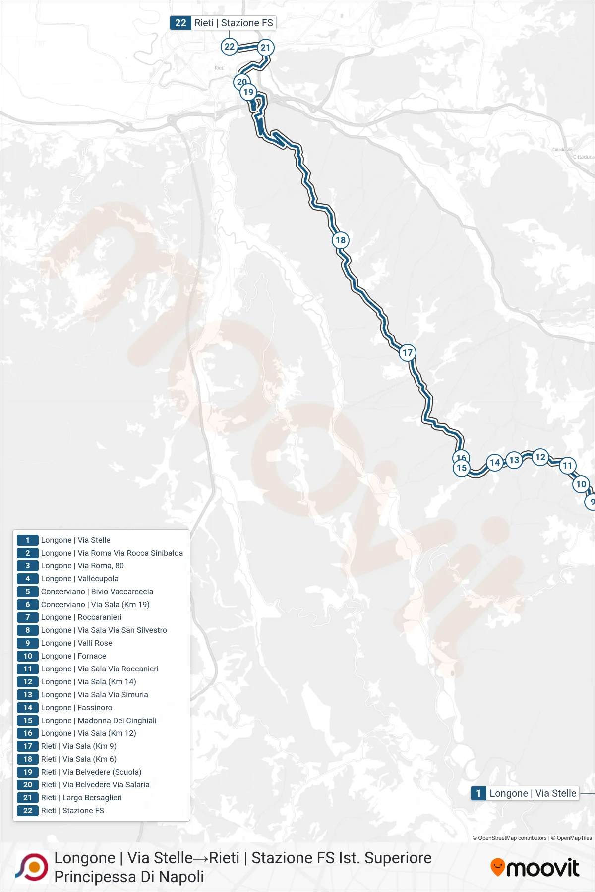 Linea COTRAL bus (Longone | Via Stelle→Rieti | Stazione FS Ist. Superiore Principessa Di Napoli) - Percorsi e fermate sulla mappa