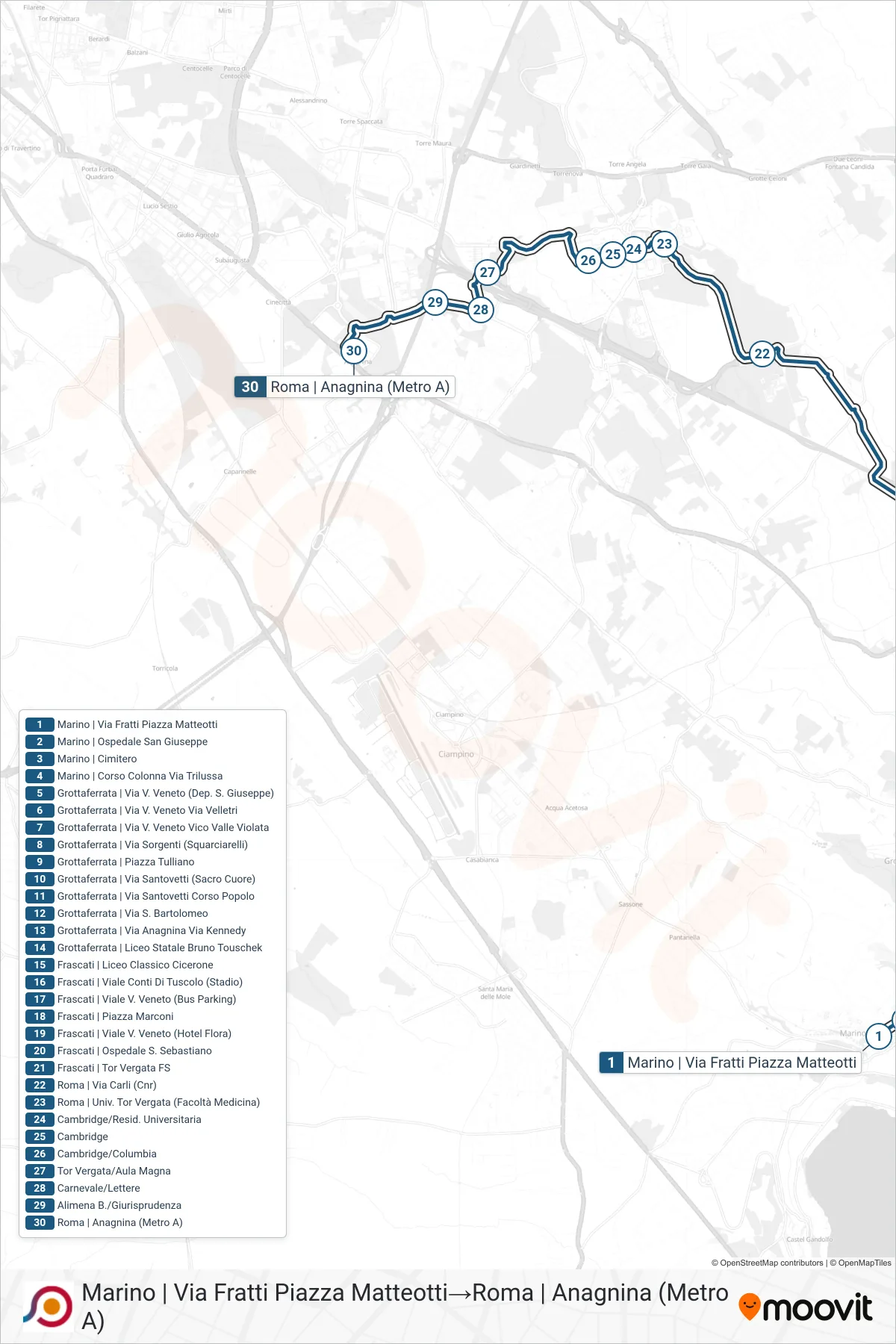 Linea COTRAL bus (Marino | Via Fratti Piazza Matteotti→Roma | Anagnina (Metro A)) - Percorsi e fermate sulla mappa