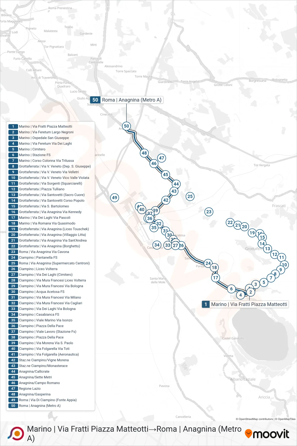 Linea COTRAL  bus (Marino | Via Fratti Piazza Matteotti‎→Roma | Anagnina (Metro A)) - Percorsi e fermate sulla mappa