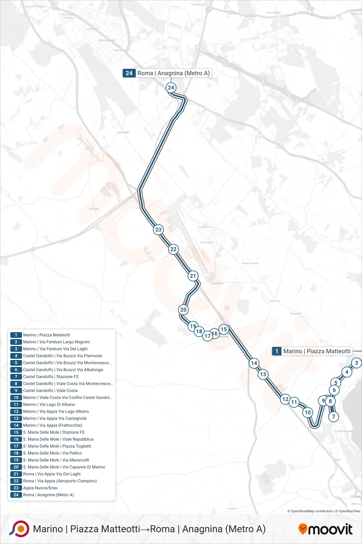 Linea COTRAL bus (Marino | Piazza Matteotti→Roma | Anagnina (Metro A)) - Percorsi e fermate sulla mappa