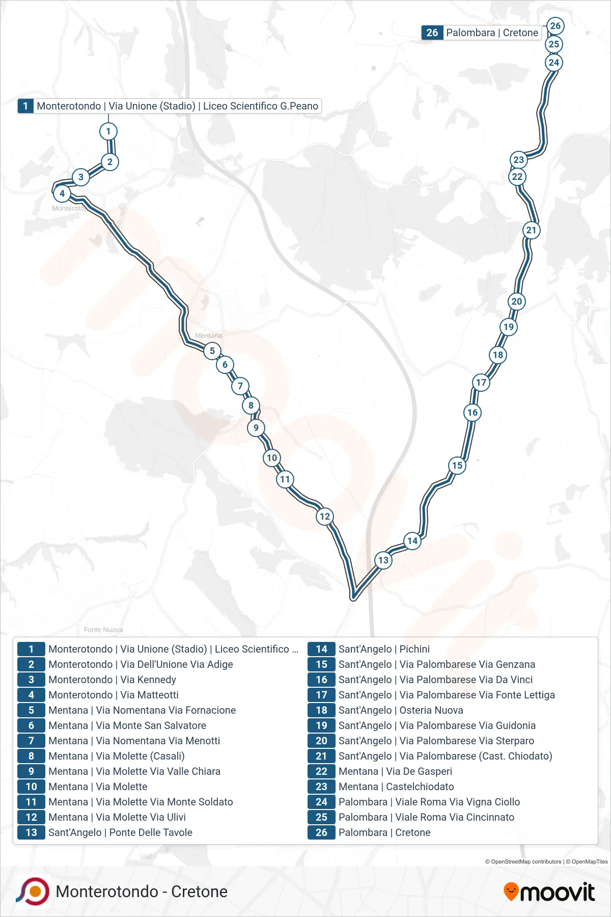 Linea COTRAL bus (Monterotondo | Via Unione (Stadio) | Liceo Scientifico G.Peano→Palombara | Cretone) - Percorsi e fermate sulla mappa