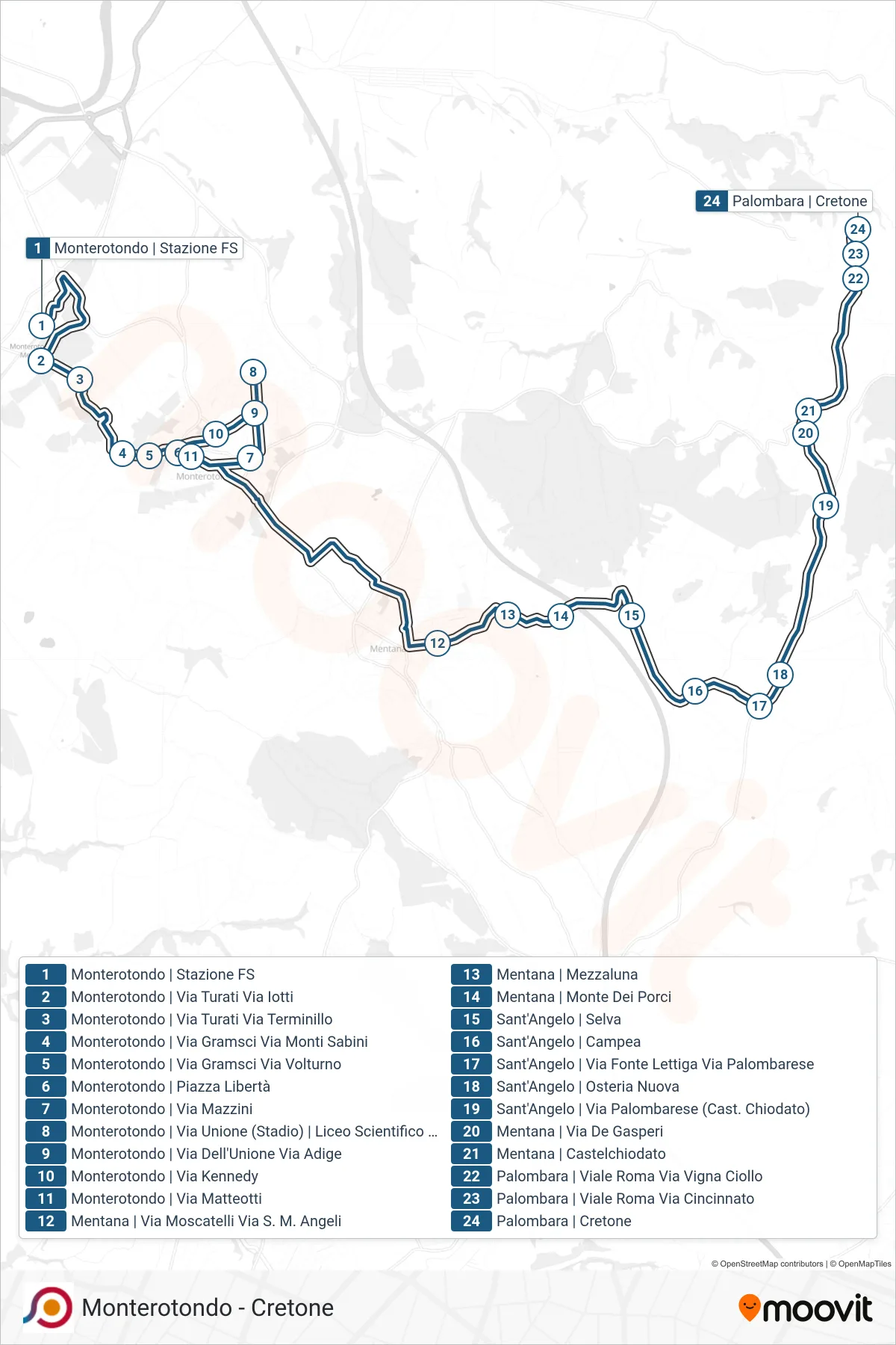 Linea COTRAL bus (Monterotondo | Stazione FS→Palombara | Cretone) - Percorsi e fermate sulla mappa