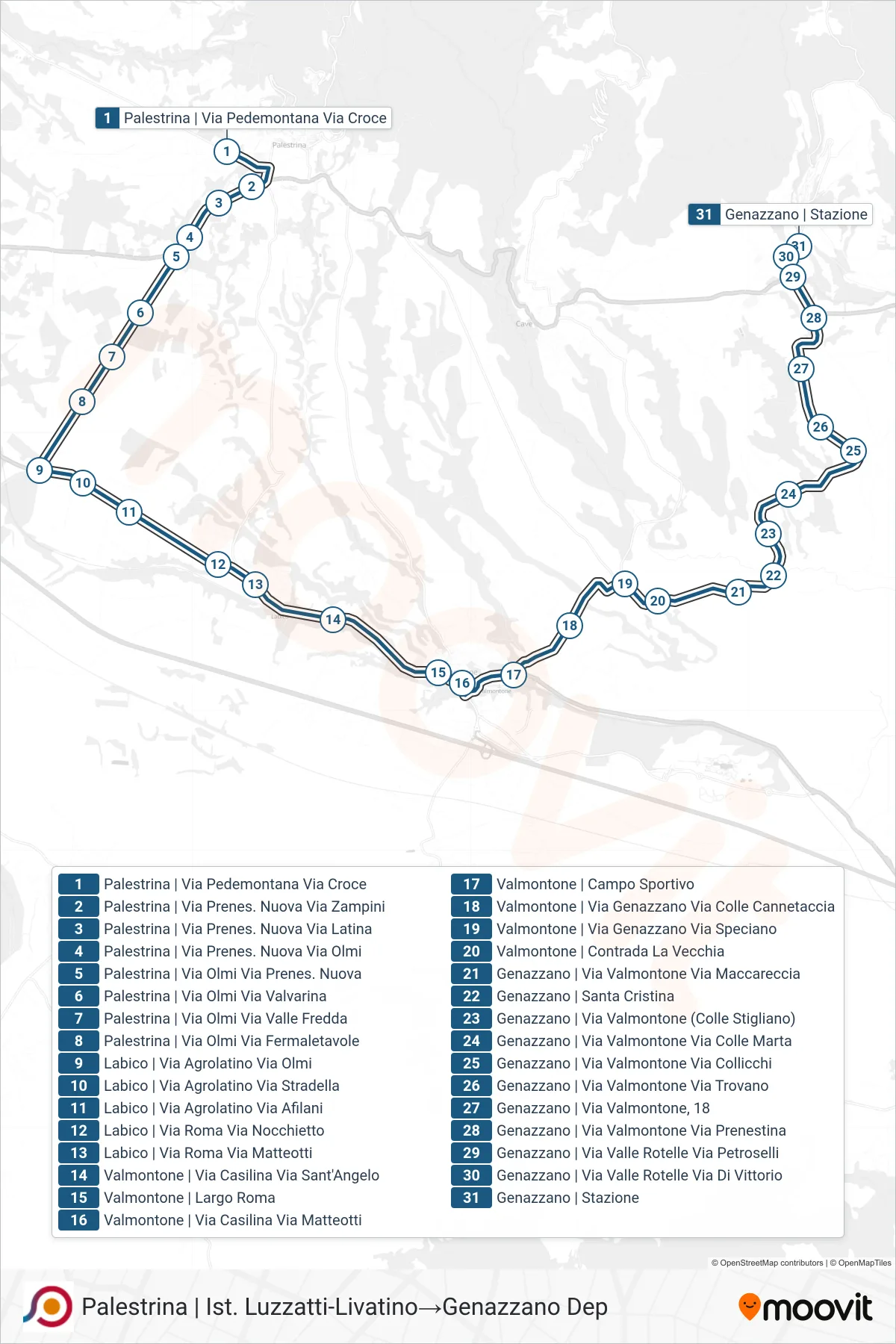 Linea COTRAL bus (Palestrina | Ist. Luzzatti-Livatino→Genazzano Dep) - Percorsi e fermate sulla mappa
