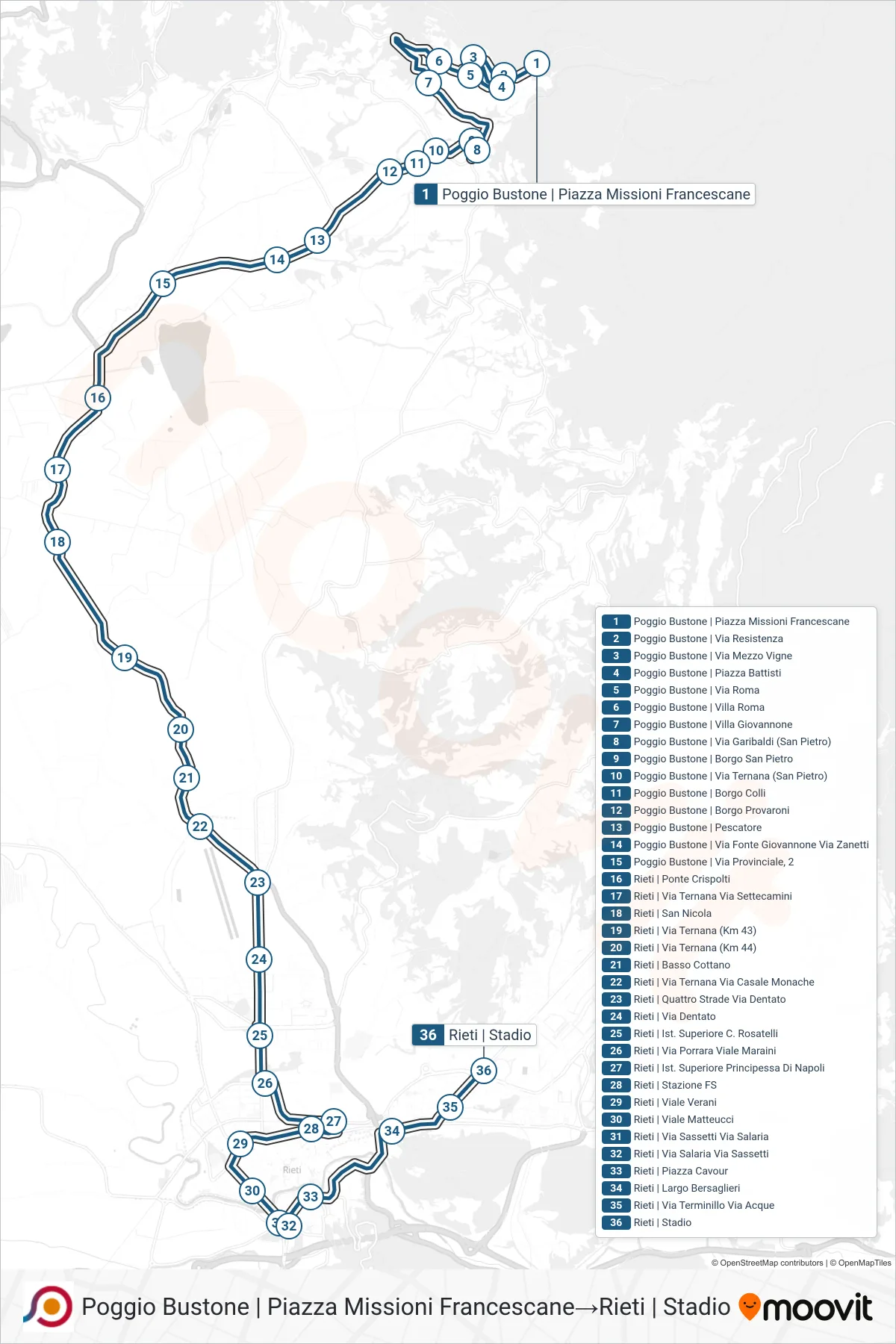 Linea COTRAL bus (Poggio Bustone | Piazza Missioni Francescane→Rieti | Stadio) - Percorsi e fermate sulla mappa