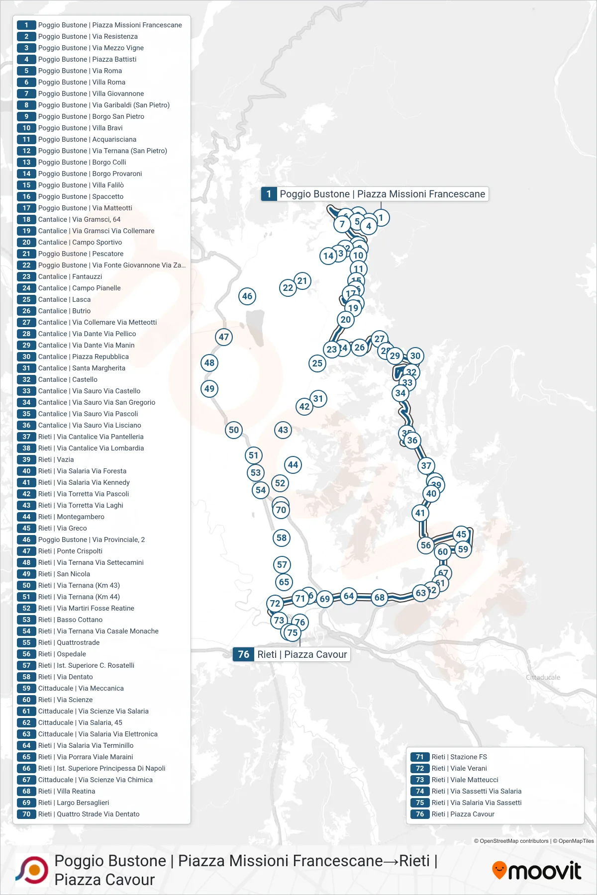Linea COTRAL bus (Poggio Bustone | Piazza Missioni Francescane→Rieti | Piazza Cavour) - Percorsi e fermate sulla mappa