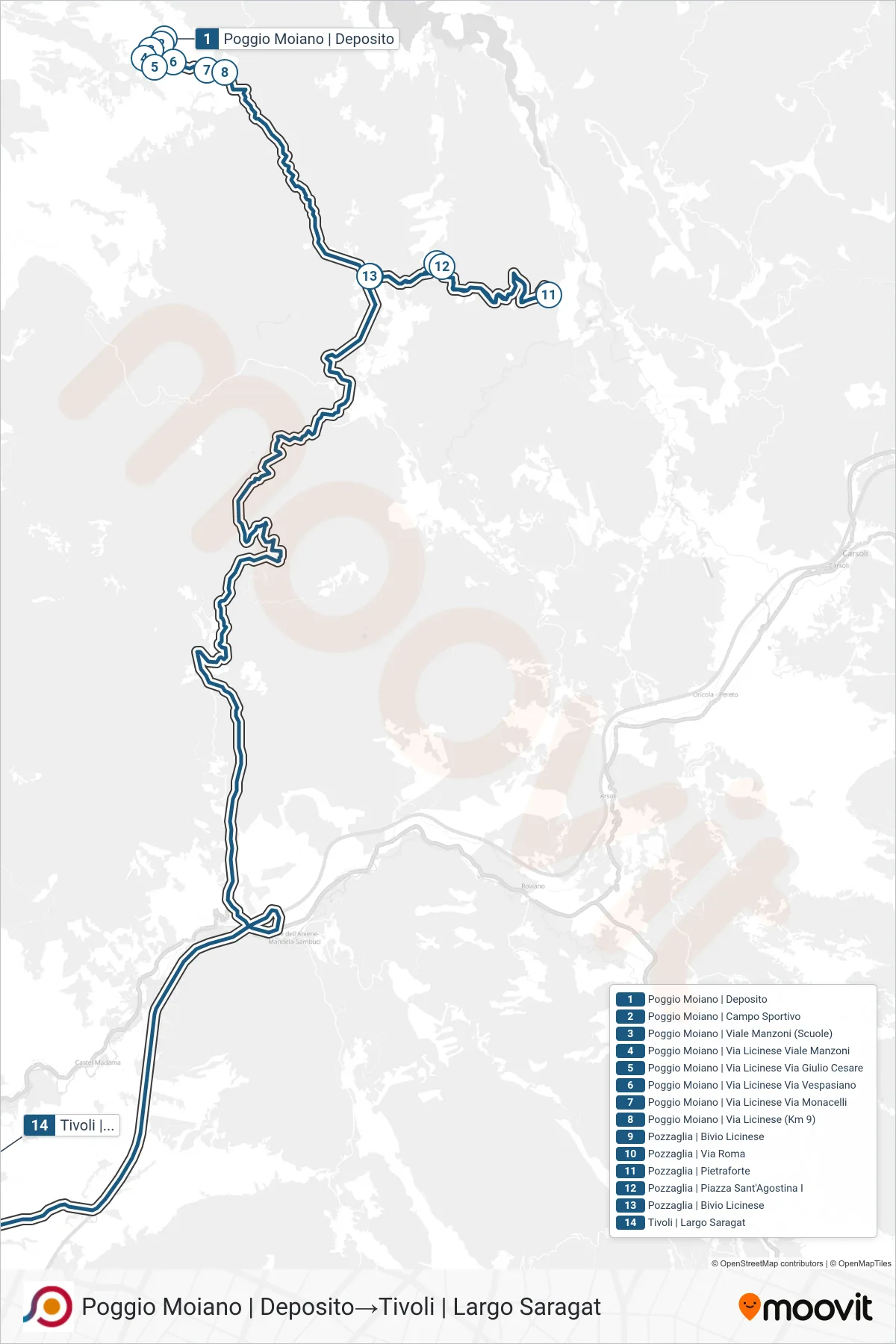Linea COTRAL bus (Poggio Moiano | Deposito→Tivoli | Largo Saragat) - Percorsi e fermate sulla mappa