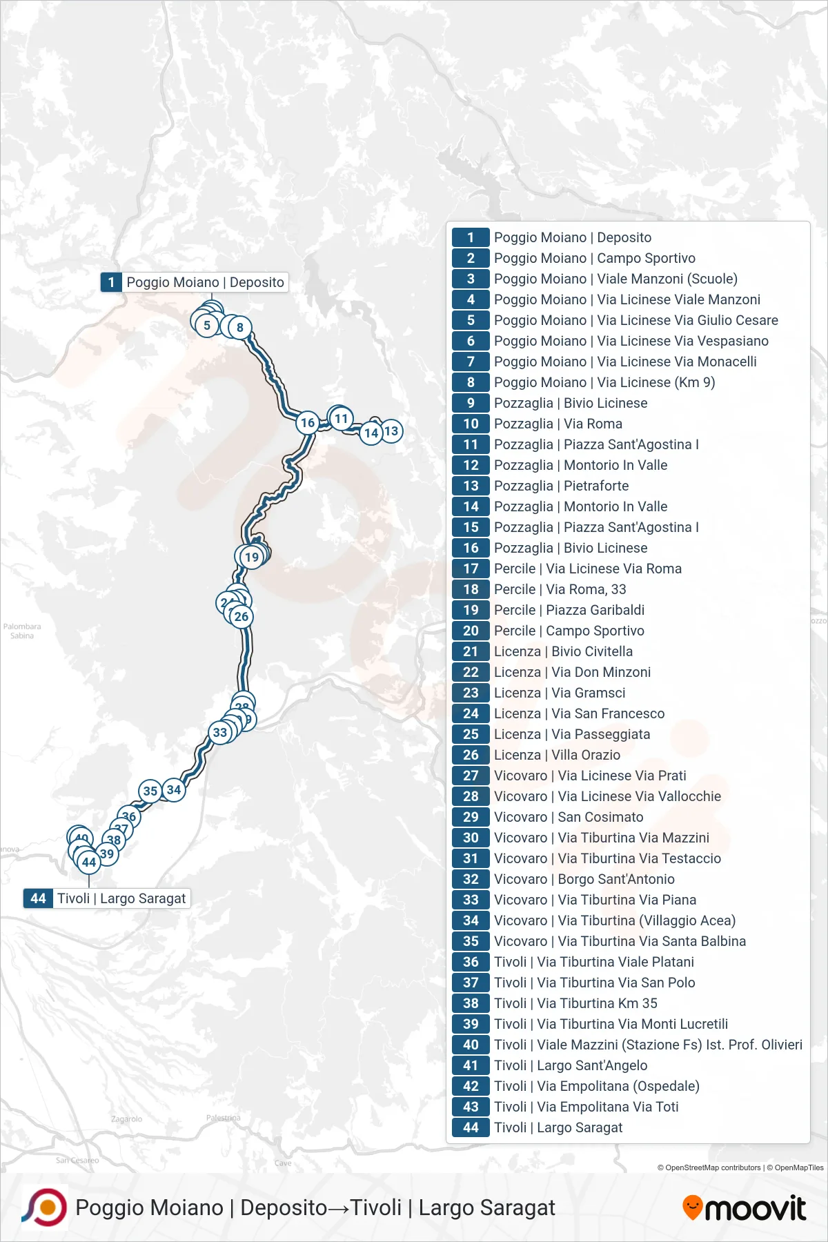 Linea COTRAL bus (Poggio Moiano | Deposito→Tivoli | Largo Saragat) - Percorsi e fermate sulla mappa