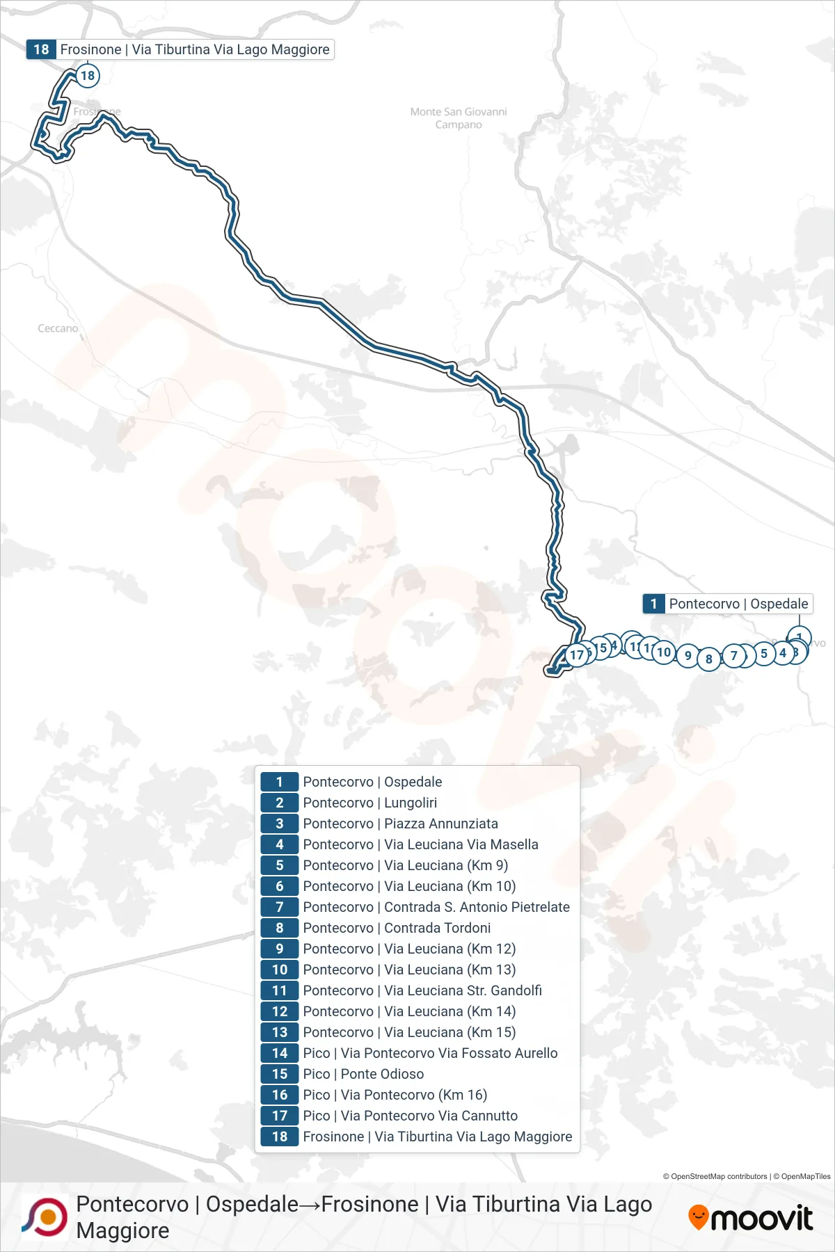 Linea COTRAL bus (Pontecorvo | Ospedale→Frosinone | Via Tiburtina Via Lago Maggiore) - Percorsi e fermate sulla mappa