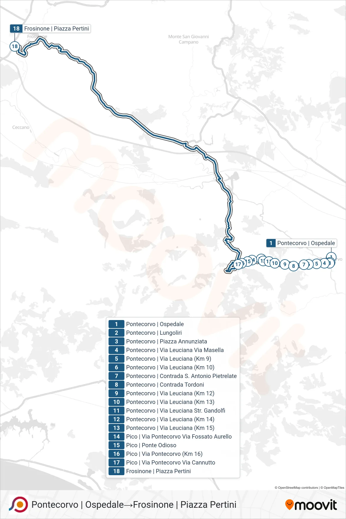 Linea COTRAL bus (Pontecorvo | Ospedale→Frosinone | Piazza Pertini) - Percorsi e fermate sulla mappa