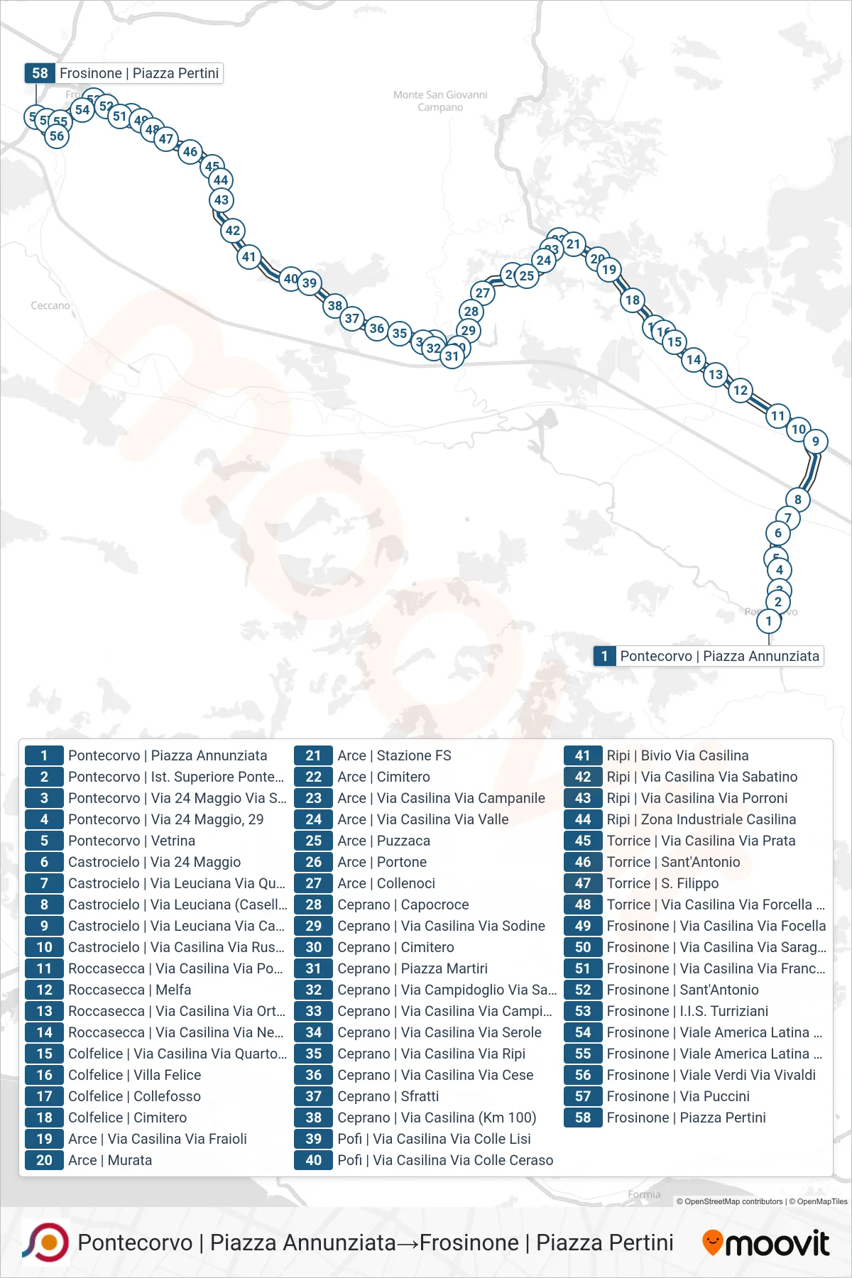 Linea COTRAL  bus (Pontecorvo | Piazza Annunziata‎→Frosinone | Piazza Pertini) - Percorsi e fermate sulla mappa