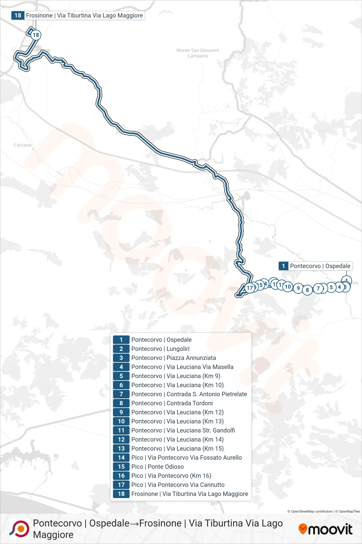 Linea COTRAL bus (Pontecorvo | Ospedale→Frosinone | Via Tiburtina Via Lago Maggiore) - Percorsi e fermate sulla mappa