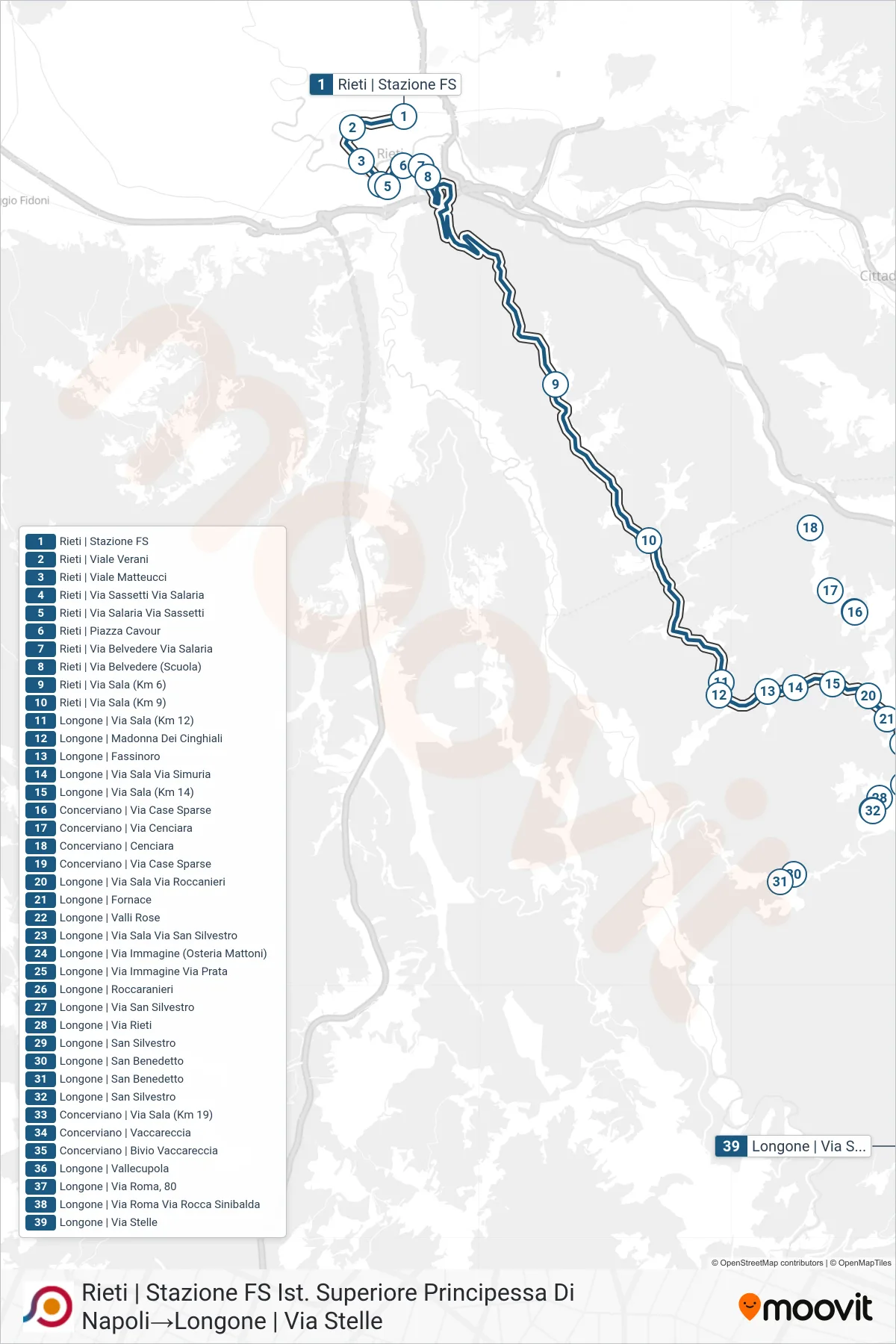 Linea COTRAL bus (Rieti | Stazione FS Ist. Superiore Principessa Di Napoli→Longone | Via Stelle) - Percorsi e fermate sulla mappa