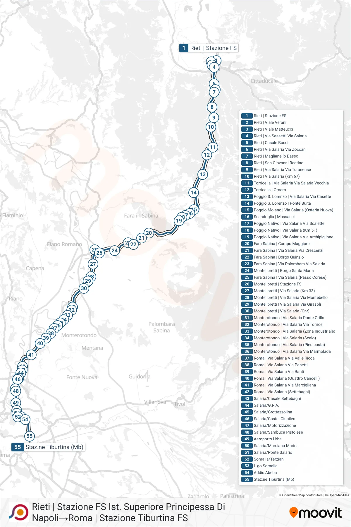 Linea COTRAL bus (Rieti | Stazione FS Ist. Superiore Principessa Di Napoli→Roma | Stazione Tiburtina FS) - Percorsi e fermate sulla mappa