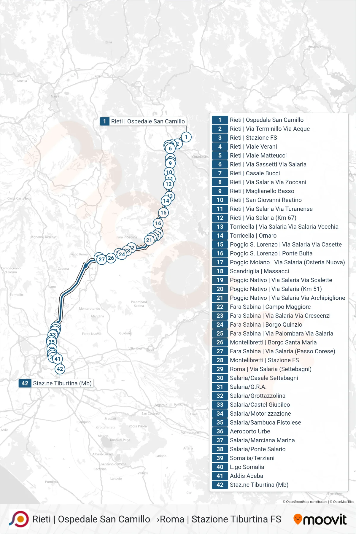 COTRAL bus Line (Rieti | San Camillo Hospital→Rome | Tiburtina Railway Station) route and stops on a map