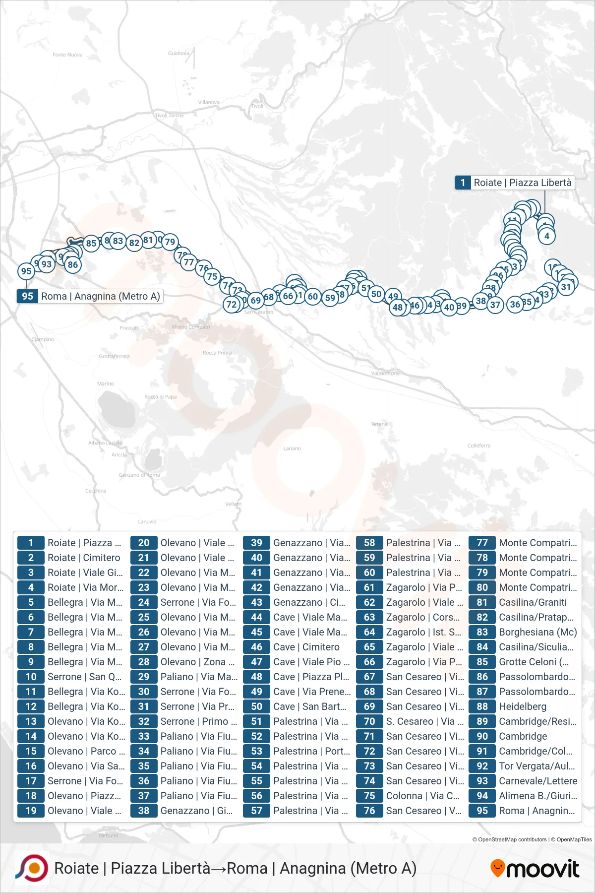 Linea COTRAL bus (Roiate | Piazza Libertà→Roma | Anagnina (Metro A)) - Percorsi e fermate sulla mappa