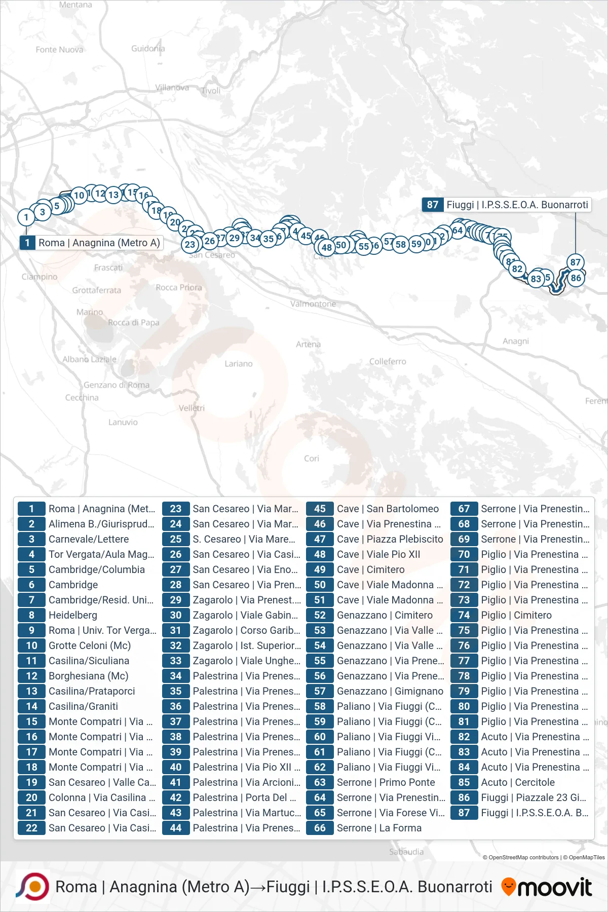 Linea COTRAL bus (Roma | Anagnina (Metro A)→Fiuggi | I.P.S.S.E.O.A. Buonarroti) - Percorsi e fermate sulla mappa