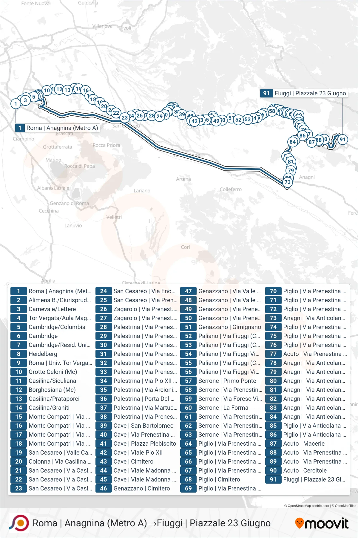 COTRAL bus Line (Rome | Anagnina (Metro A)→Fiuggi | Piazzale 23 June) route and stops on a map