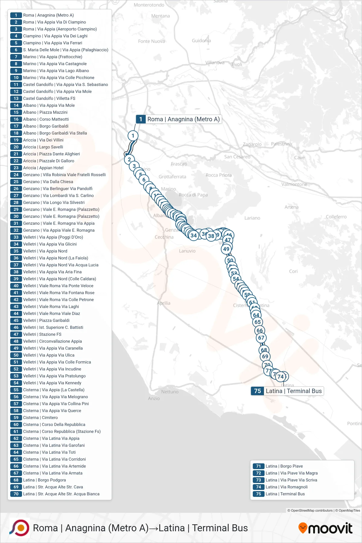 Linea COTRAL bus (Roma | Anagnina (Metro A)→Latina | Terminal Bus) - Percorsi e fermate sulla mappa