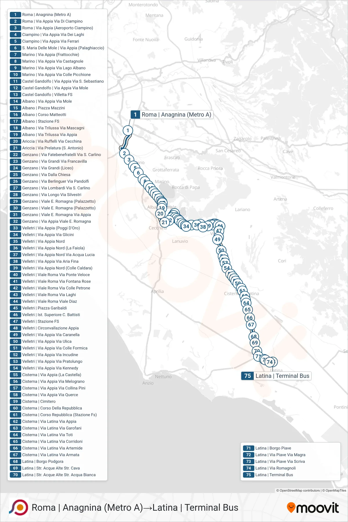 Linea COTRAL bus (Roma | Anagnina (Metro A)→Latina | Terminal Bus) - Percorsi e fermate sulla mappa