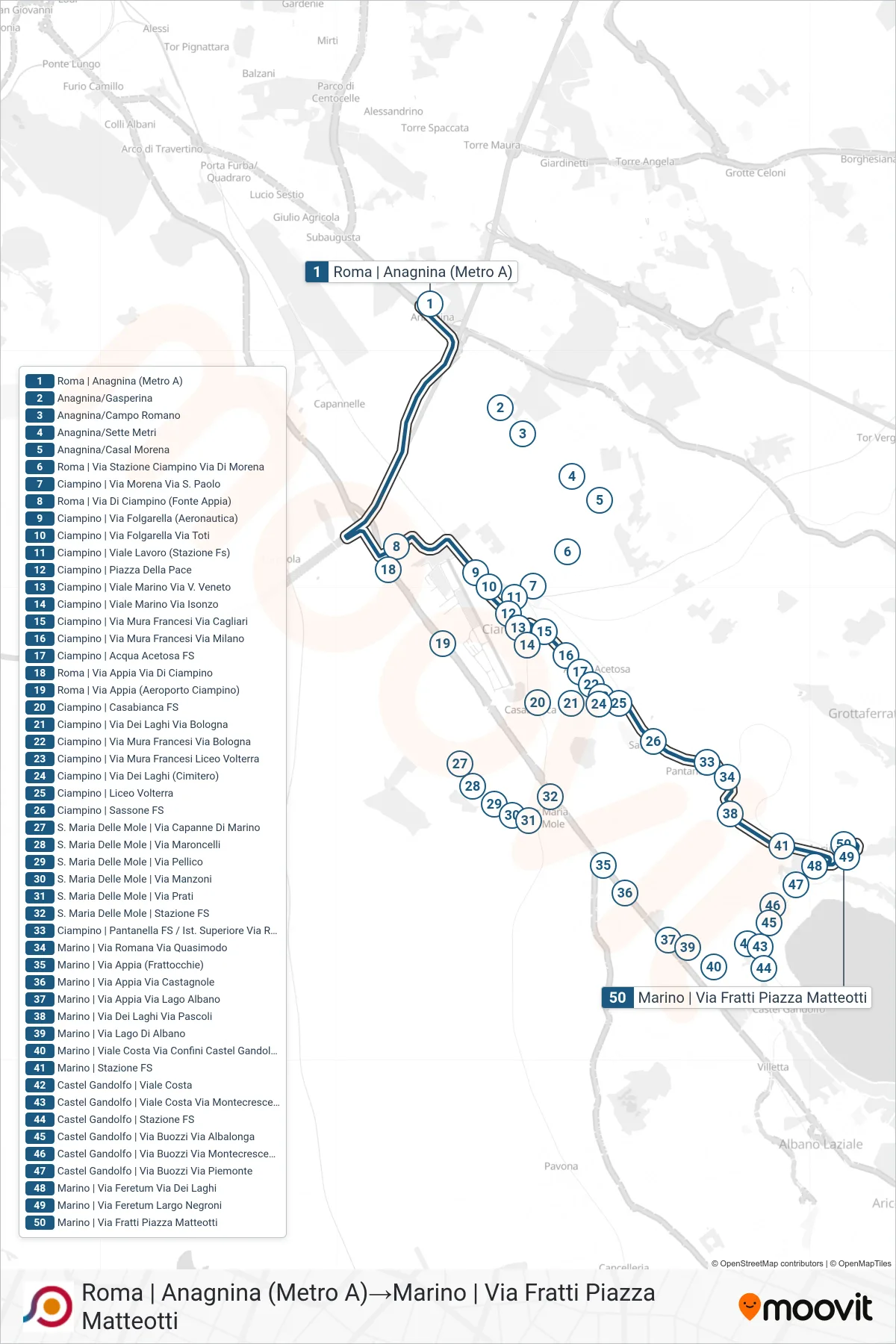 Linea COTRAL bus (Roma | Anagnina (Metro A)→Marino | Via Fratti Piazza Matteotti) - Percorsi e fermate sulla mappa