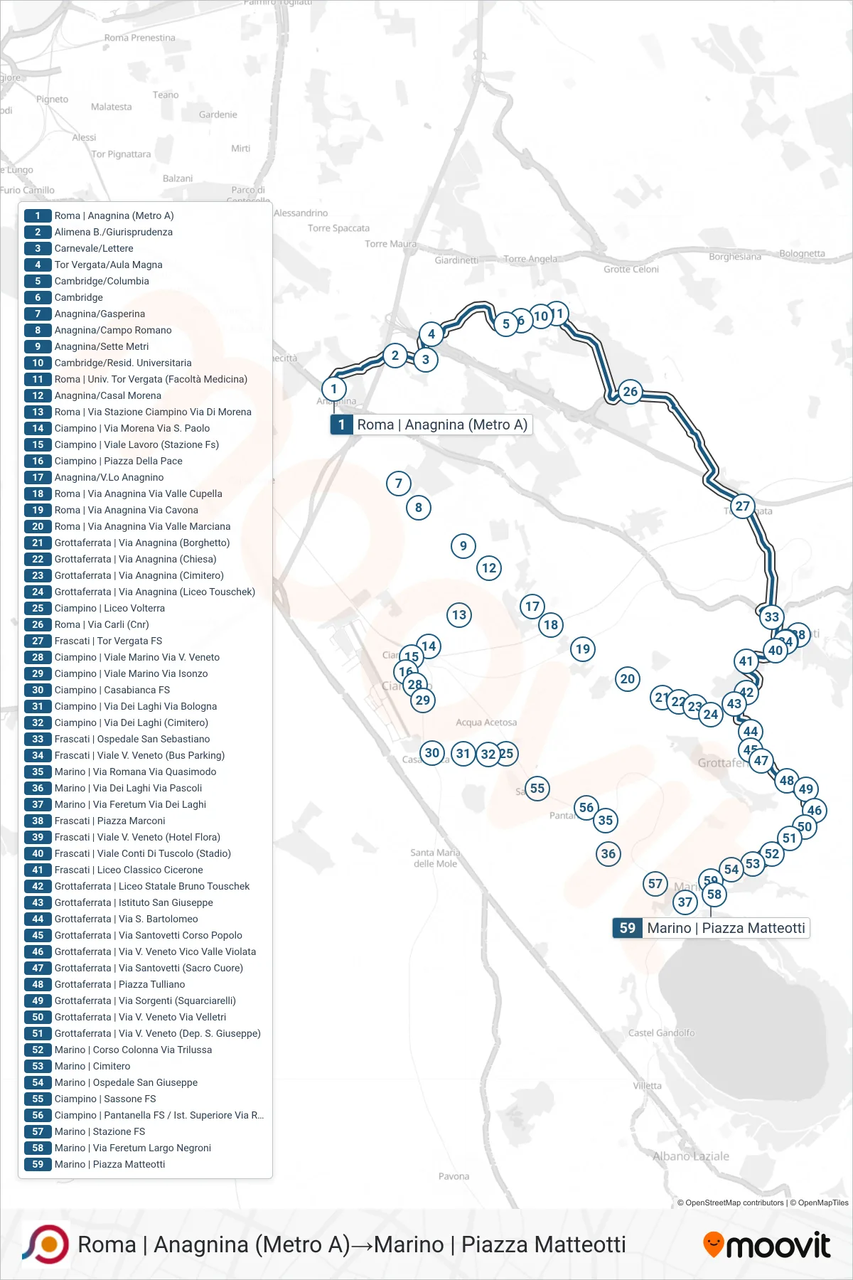 Linea COTRAL bus (Roma | Anagnina (Metro A)→Marino | Piazza Matteotti) - Percorsi e fermate sulla mappa