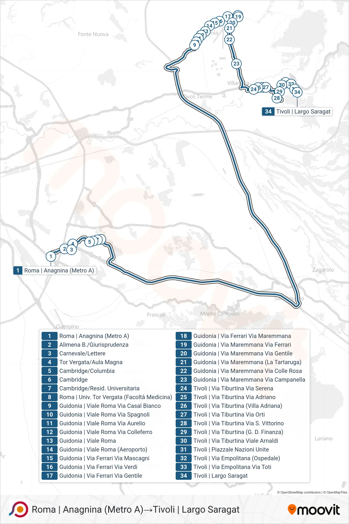 Linea COTRAL  bus (Roma | Anagnina (Metro A)‎→Tivoli | Largo Saragat) - Percorsi e fermate sulla mappa