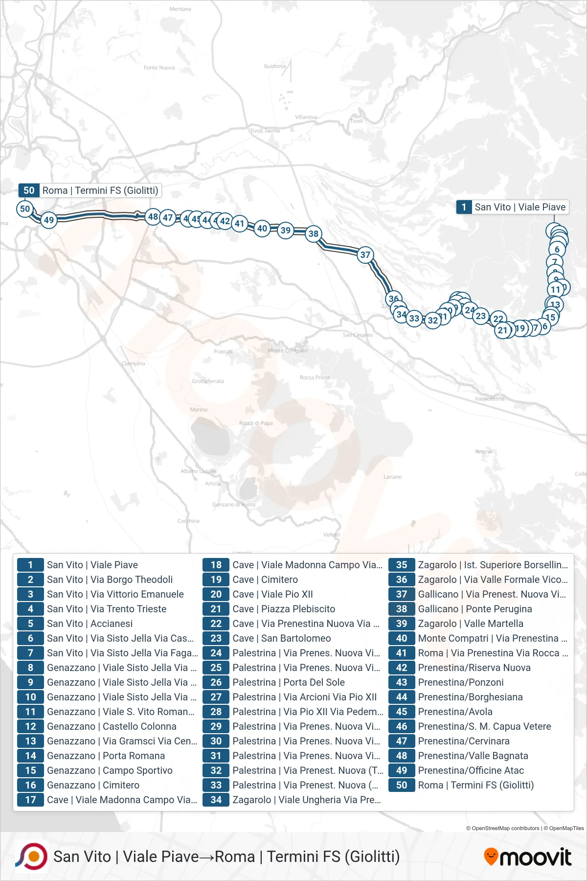 Linea COTRAL bus (San Vito | Viale Piave→Roma | Termini FS (Giolitti)) - Percorsi e fermate sulla mappa
