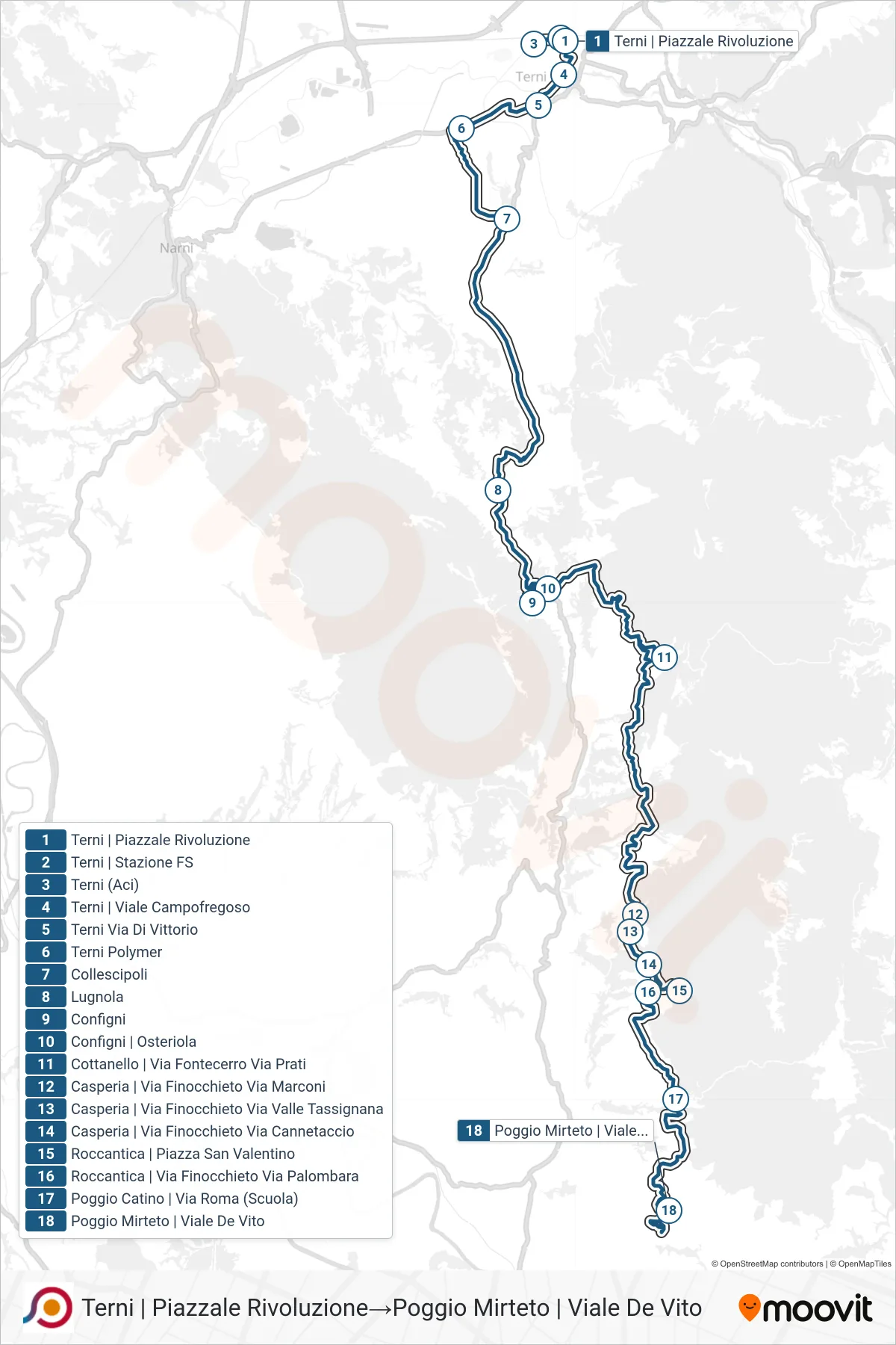 Linea COTRAL bus (Terni | Piazzale Rivoluzione→Poggio Mirteto | Viale De Vito) - Percorsi e fermate sulla mappa