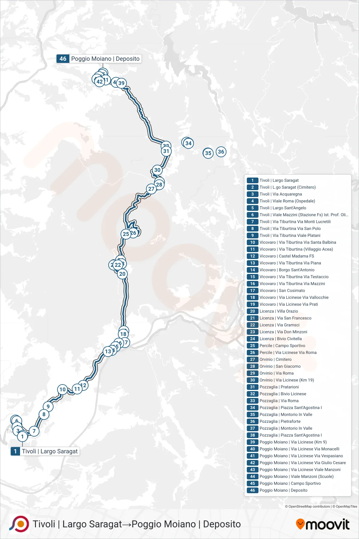 Linea COTRAL bus (Tivoli | Largo Saragat→Poggio Moiano | Deposito) - Percorsi e fermate sulla mappa