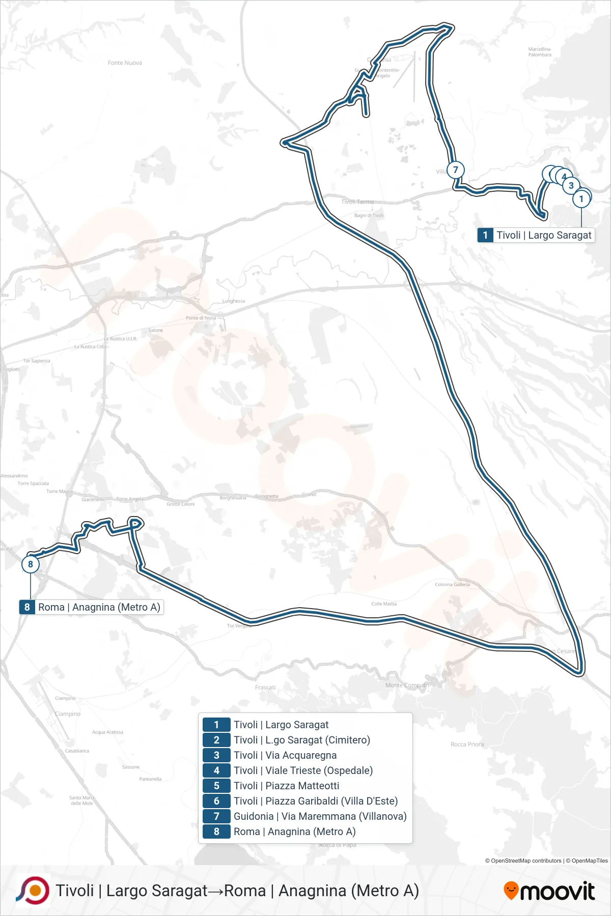 Linea COTRAL bus (Tivoli | Largo Saragat→Roma | Anagnina (Metro A)) - Percorsi e fermate sulla mappa