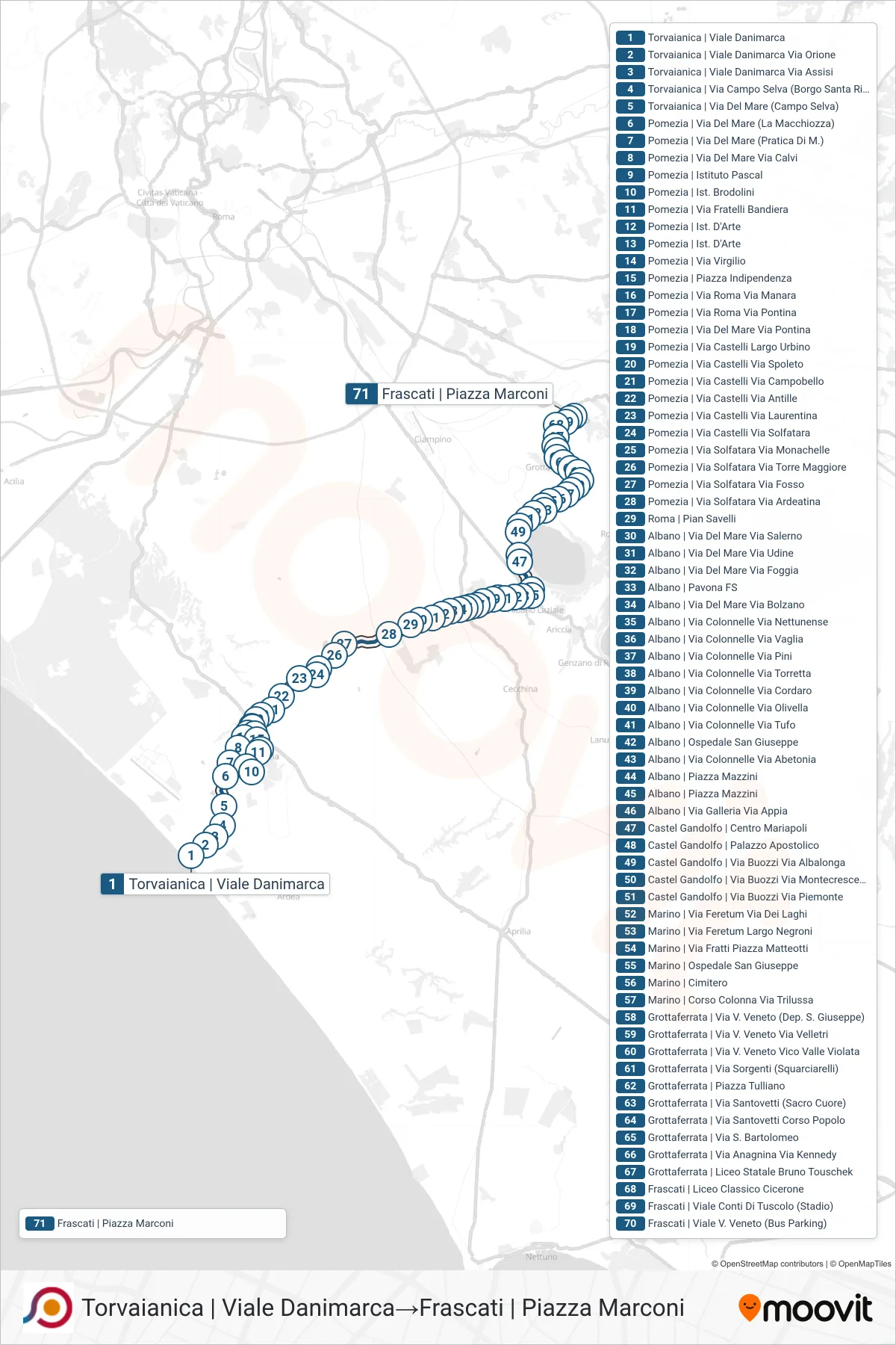 Linea COTRAL bus (Torvaianica | Viale Danimarca→Frascati | Piazza Marconi) - Percorsi e fermate sulla mappa
