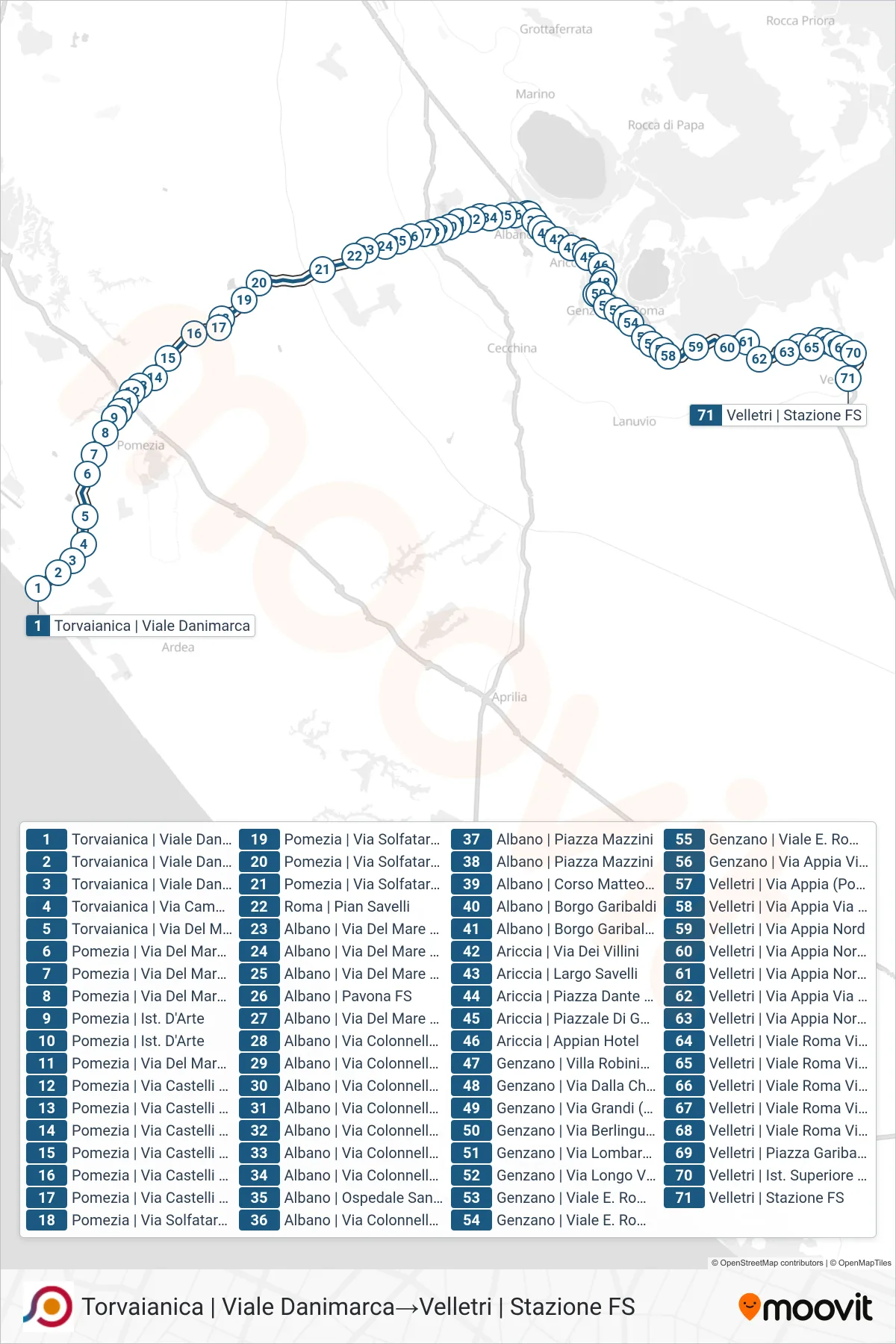 Linea COTRAL bus (Torvaianica | Viale Danimarca→Velletri | Stazione FS) - Percorsi e fermate sulla mappa